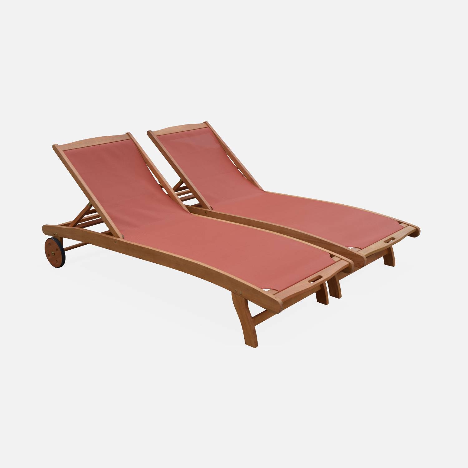 2er Set Holz Sonnenliegen - Marbella Terrakotta - 2 Liegestühle aus geöltem FSC-Eukalyptusholz und Textilene in Terrakotta Photo3