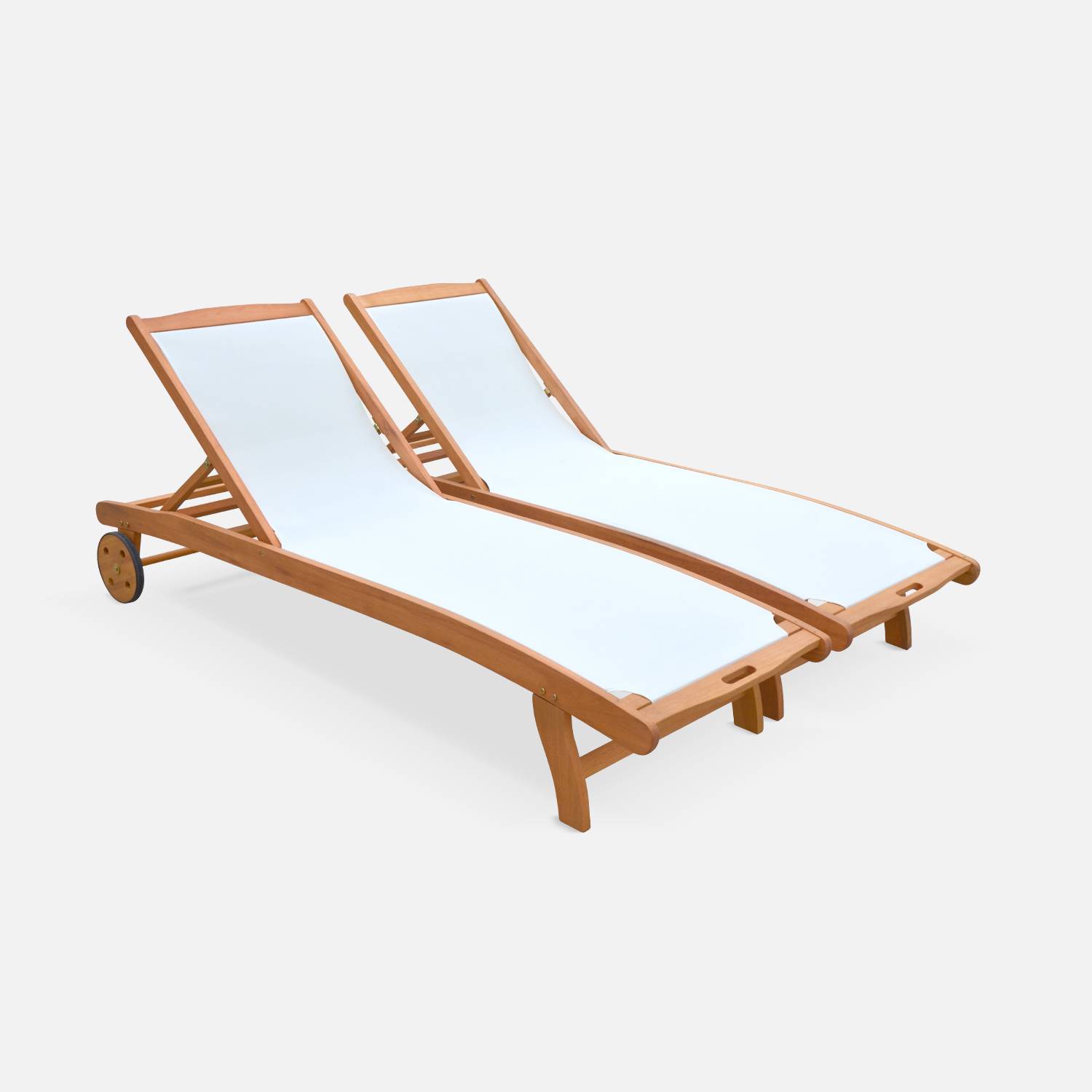 2er Set Holz Sonnenliegen - Marbella Weiß - 2 Liegestühle aus geöltem FSC-Eukalyptusholz und weißem Textilene Photo3