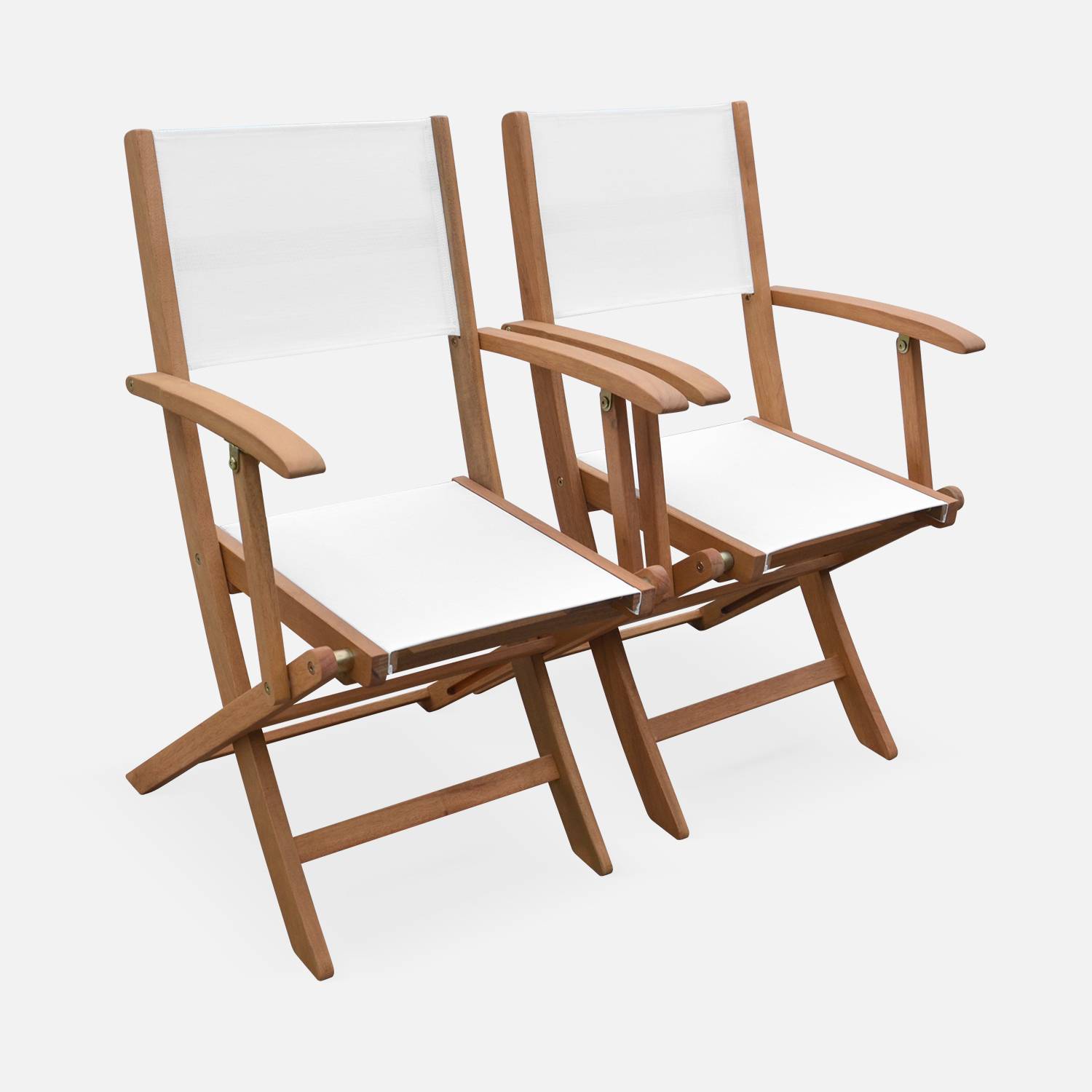 Fauteuils de jardin en bois et textilène - Almeria blanc - 2 fauteuils pliants en bois d'Eucalyptus FSC huilé et textilène Photo3