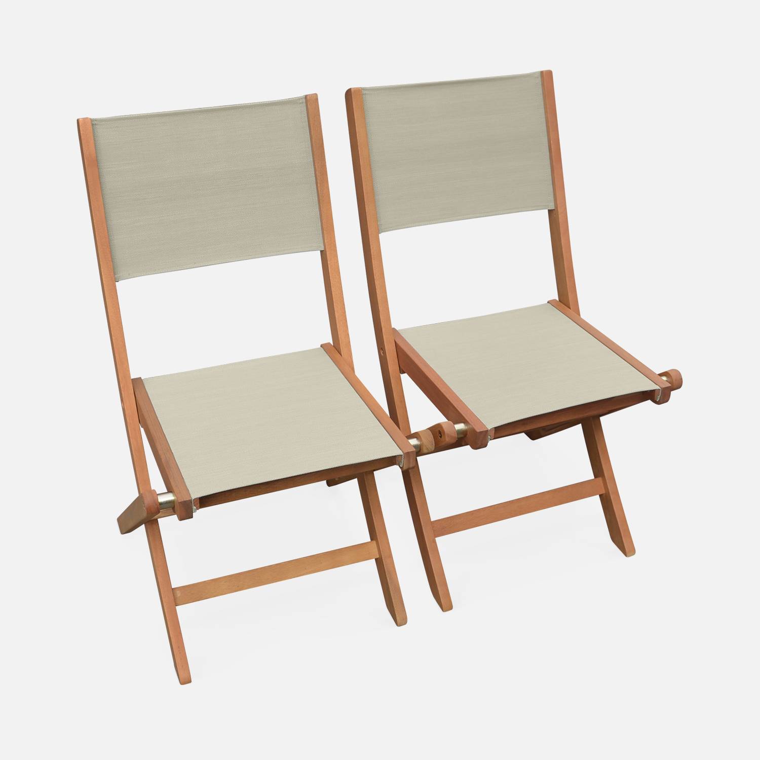 Gartenstühle aus Holz und Textilene - Almeria taupe-grau - 2 Klappstühle aus geöltem FSC Eukalyptusholz und Textilene Photo3