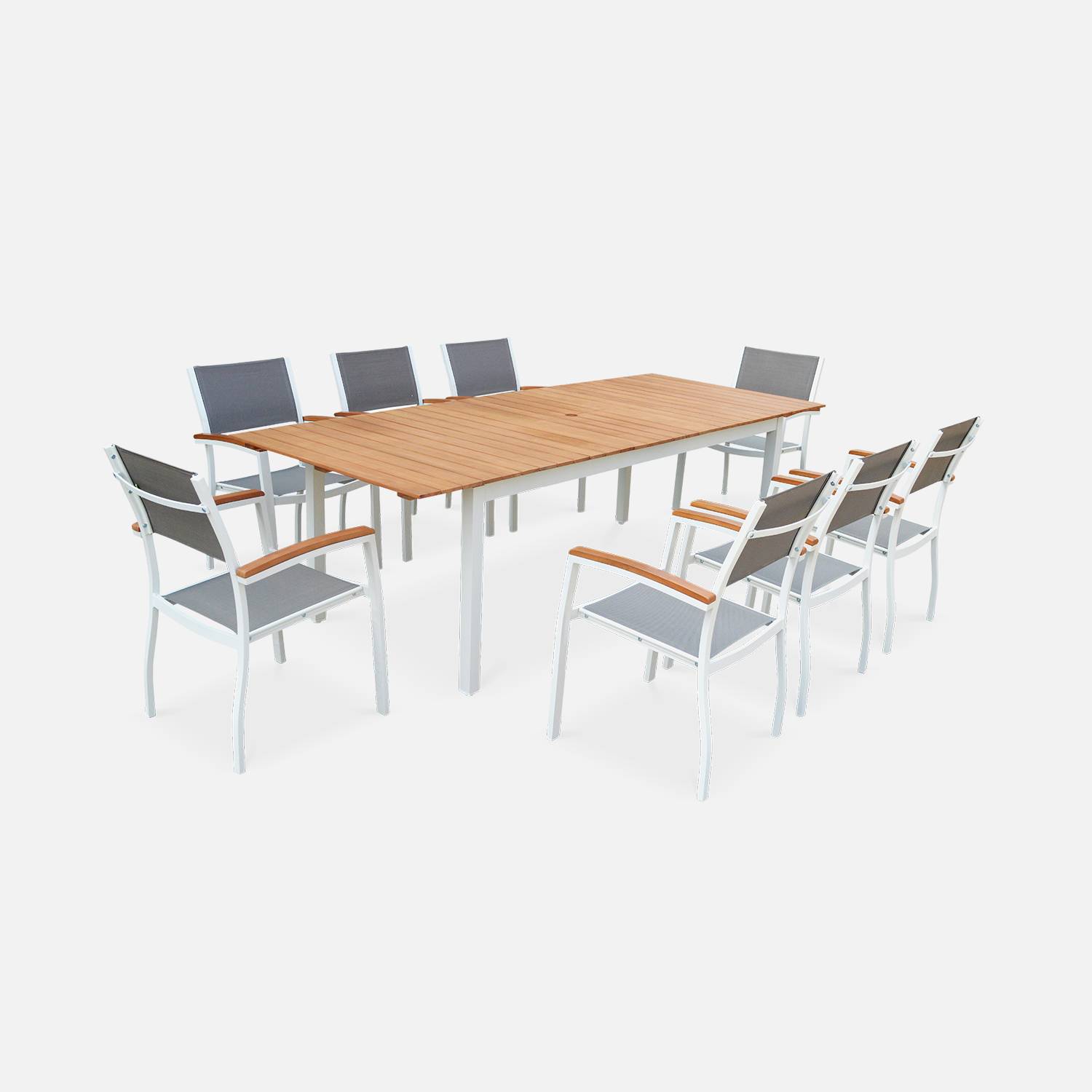 Ausziehbare Gartengarnitur aus Holz und Aluminium - Sevilla - Großer Tisch 200/250 cm mit Verlängerung, 8 Sessel, aus Aluminium, geöltem FSC-Eukalyptusholz und taupegrauem Textilene Photo2
