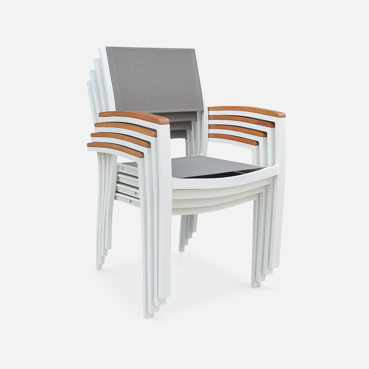 Salon de jardin en bois et aluminium extensible - Sevilla - 200/250cm avec rallonge, 8 fauteuils, en aluminium, bois d'Eucalyptus FSC huilé et textilène gris taupe Photo6