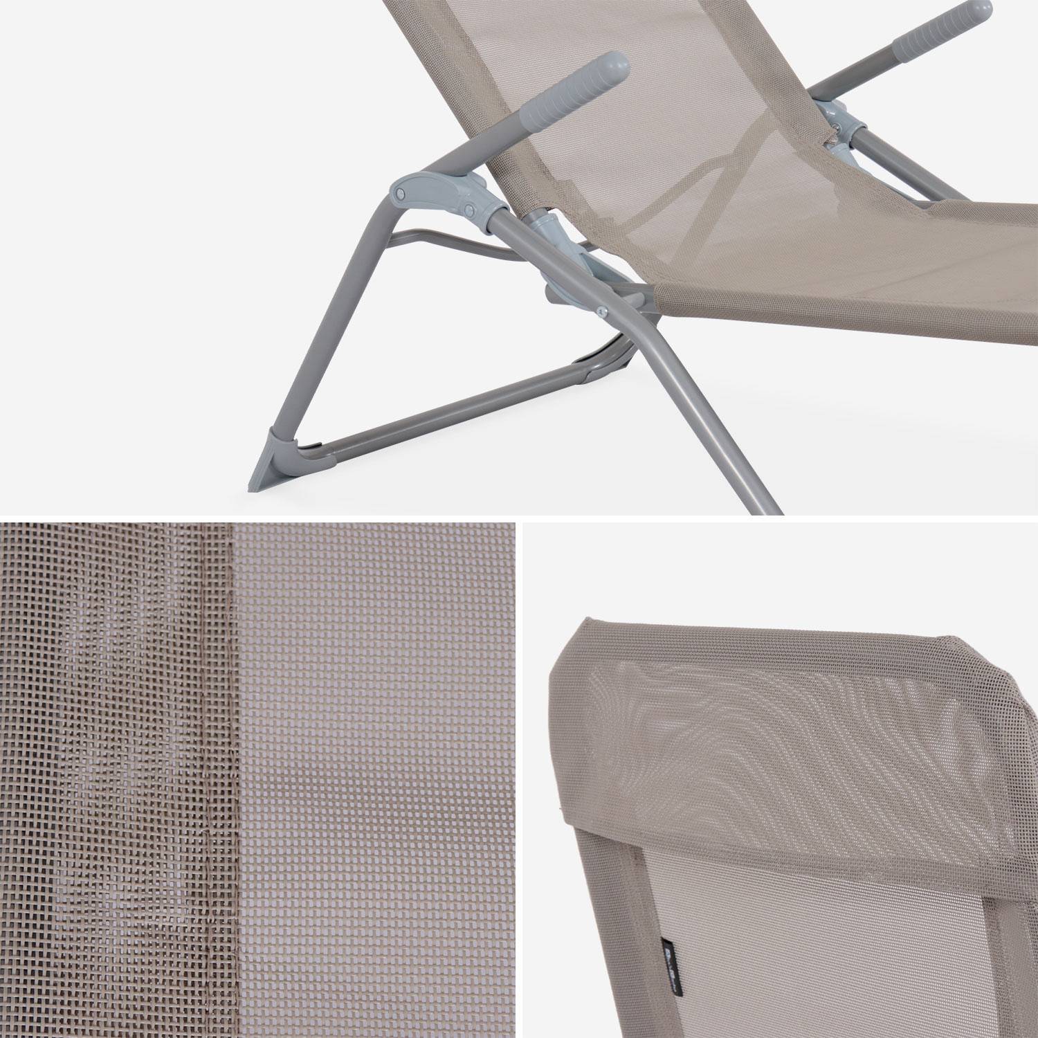 Lot de 2 bains de soleil pliants - Levito Taupe - Transats textilène, 2 positions, chaises longues pliables Photo4