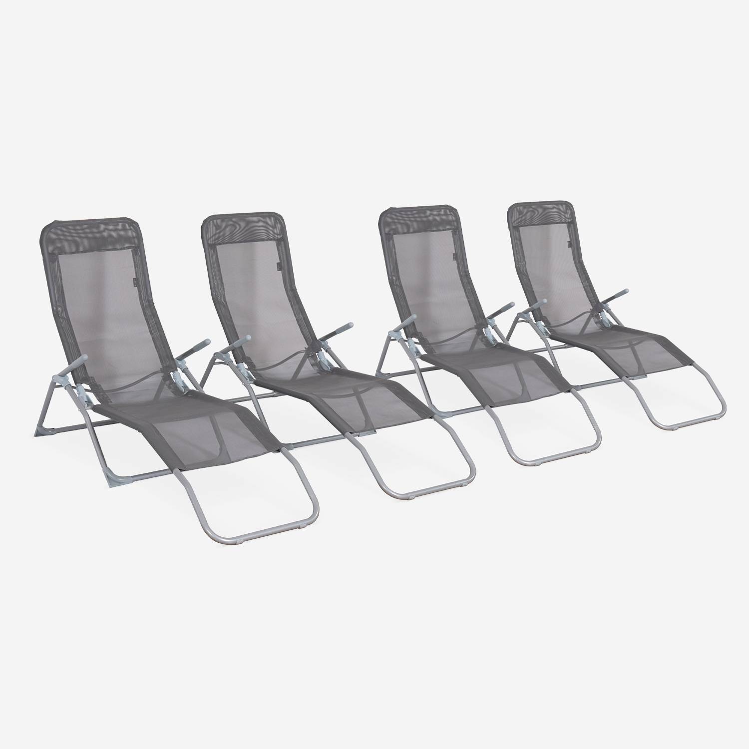 Set mit 4 zusammenklappbaren Sonnenliegen - Levito dunkelgrau - Textilene Liegestühle mit 2 Positionen, Liegestühle Photo1