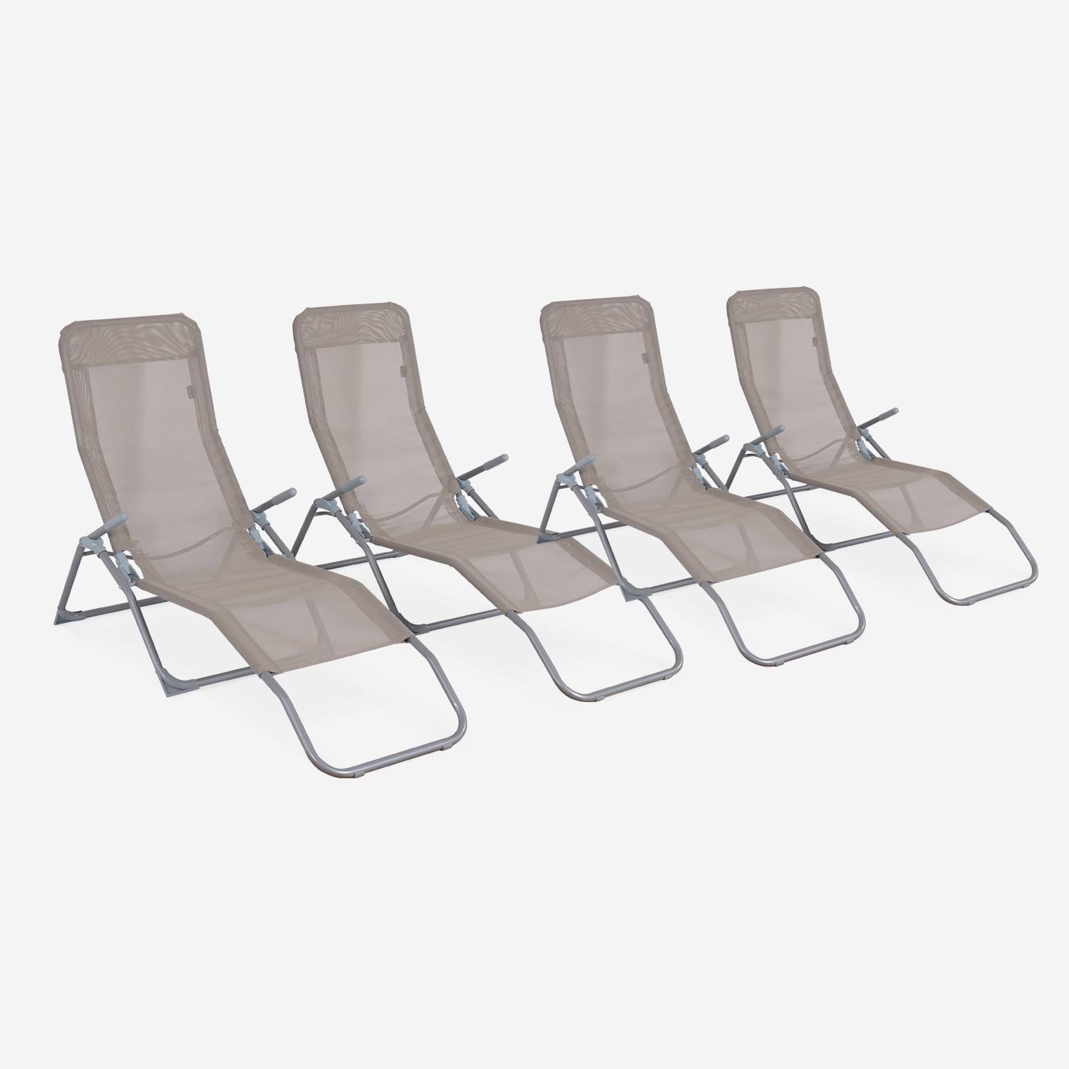 Set mit 4 klappbaren Sonnenliegen - Levito Taupe - Textilene-Liegestühle mit 2 Positionen, Liegestühle Photo1