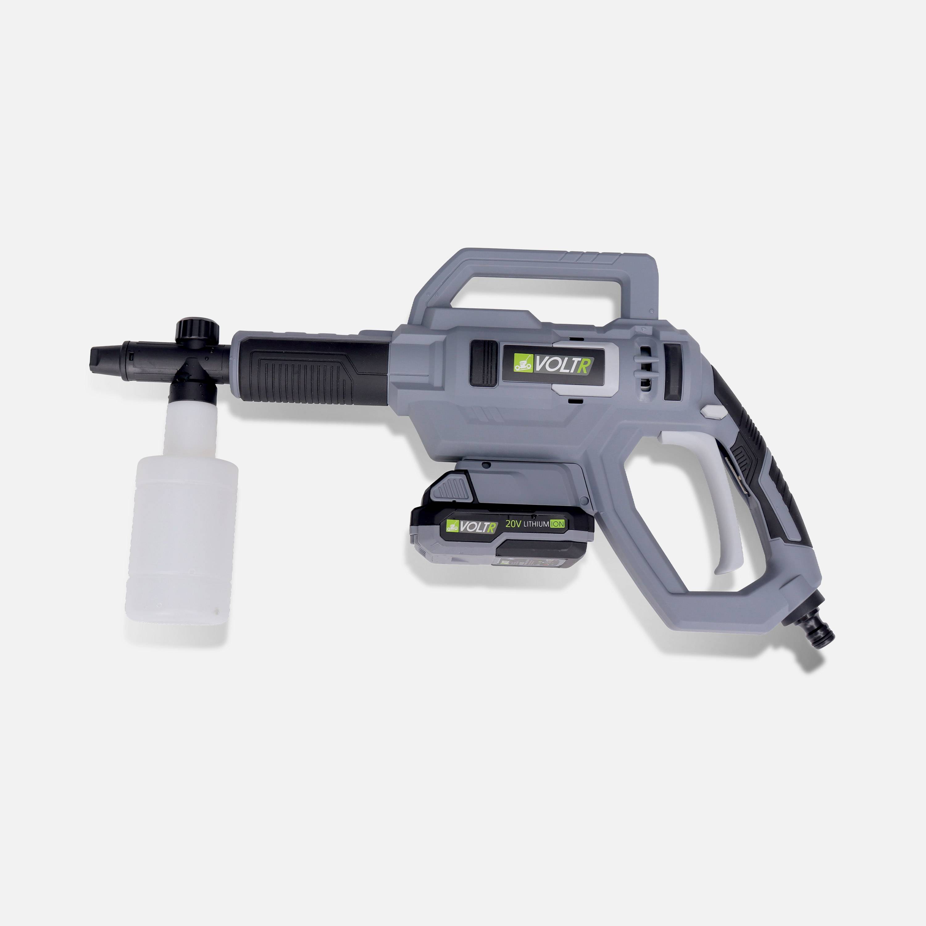 VOLTR - pistola lavadora de pressão de 25 bar com bateria de 20V - conjunto completo de acessórios incluindo escova, bocal de pulverização variável, depósito de detergente, bateria e carregador    Photo2