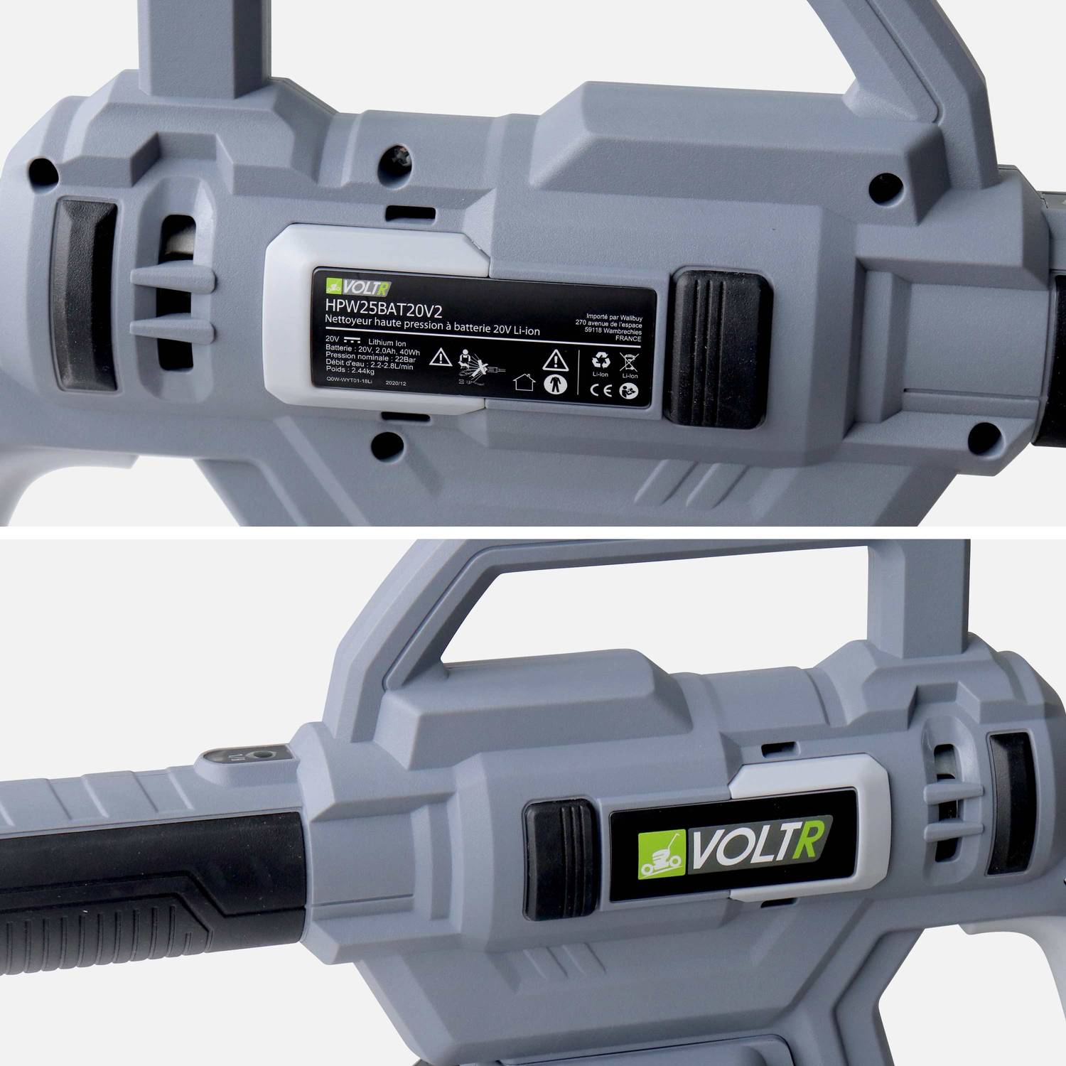 VOLTR - Lavadora de alta pressão de 25 bar com bateria de 20 V - kit completo de acessórios para escovas, bocal de pulverização variável, depósito de detergente, bateria e carregador incluídos Photo6