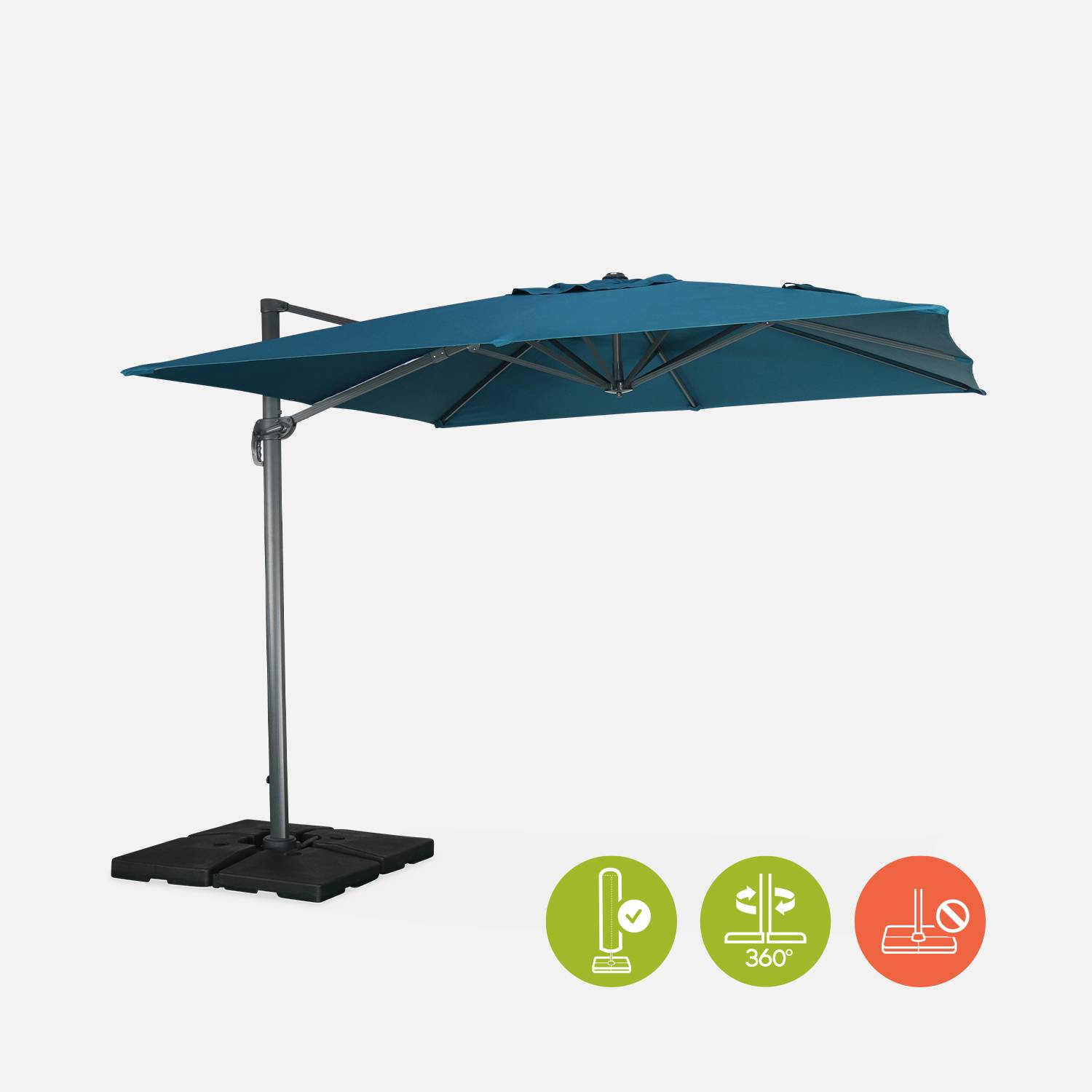 Hoogwaardige 3 x 3m vierkante parasol- Falgos - Eendblauw - Kantelbare, opvouwbare en 360° draaibare zweefparasol. Photo3