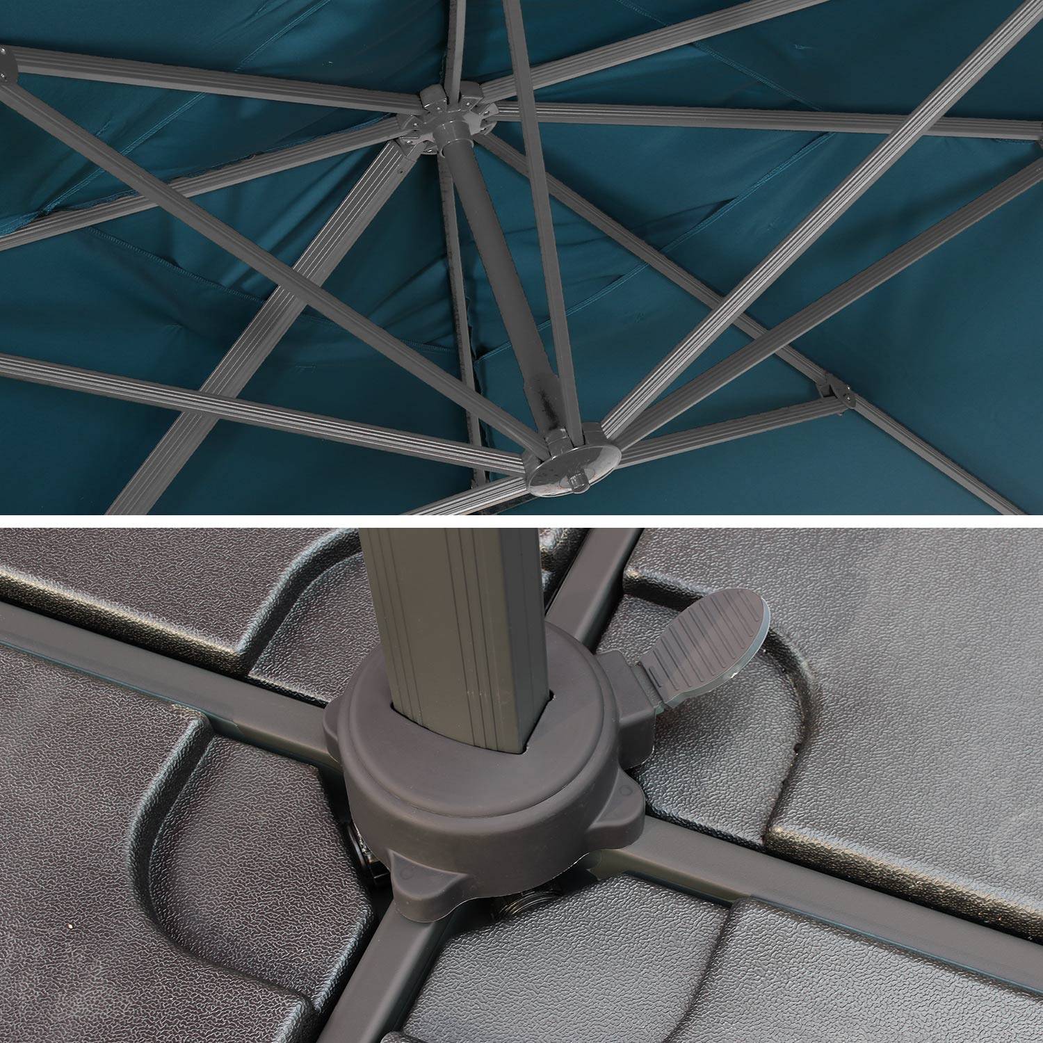 Hoogwaardige 3 x 3m vierkante parasol- Falgos - Eendblauw - Kantelbare, opvouwbare en 360° draaibare zweefparasol. Photo5