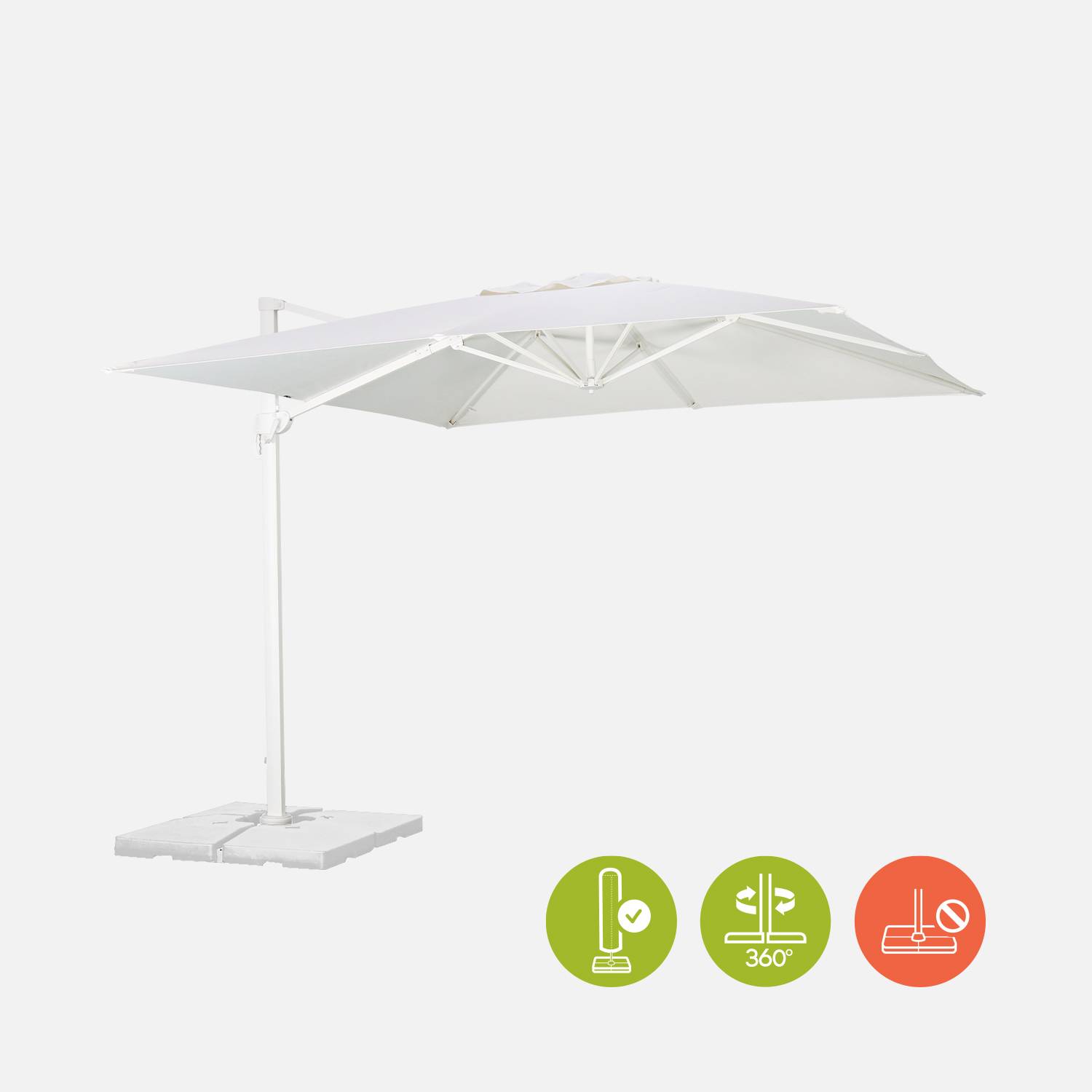 Hoogwaardige 3 x 3m vierkante parasol- Falgos - Wit - Kantelbare, opvouwbare en 360° draaibare zweefparasol Photo4