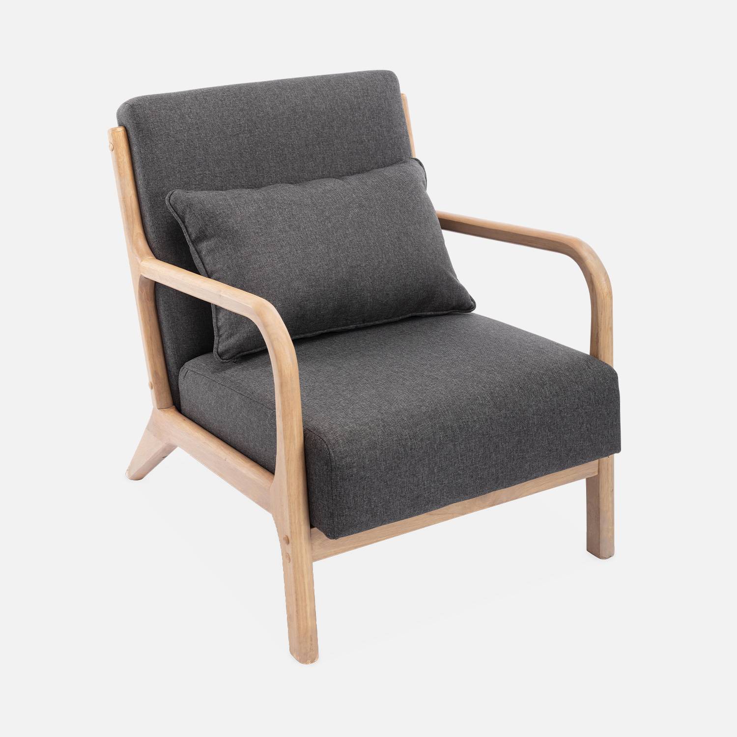 Design zetel van hout en stof, 1 vaste rechte zitting, kompaspoten, Scandinavische stijl Photo4