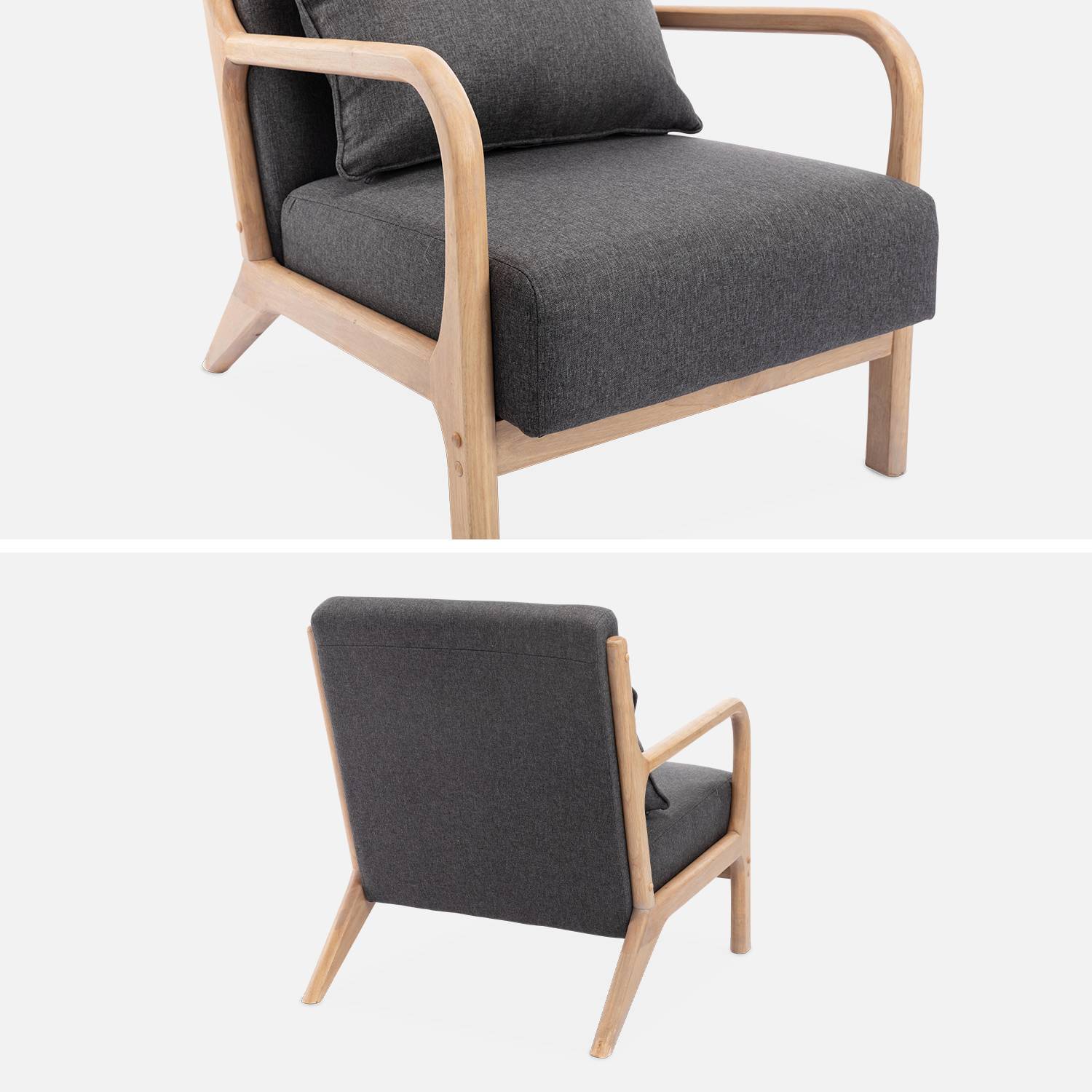 Fauteuil design en bois et tissu, 1 place droit fixe, pieds compas scandinave, structure en bois solide, assise confortable, gris foncé Photo6