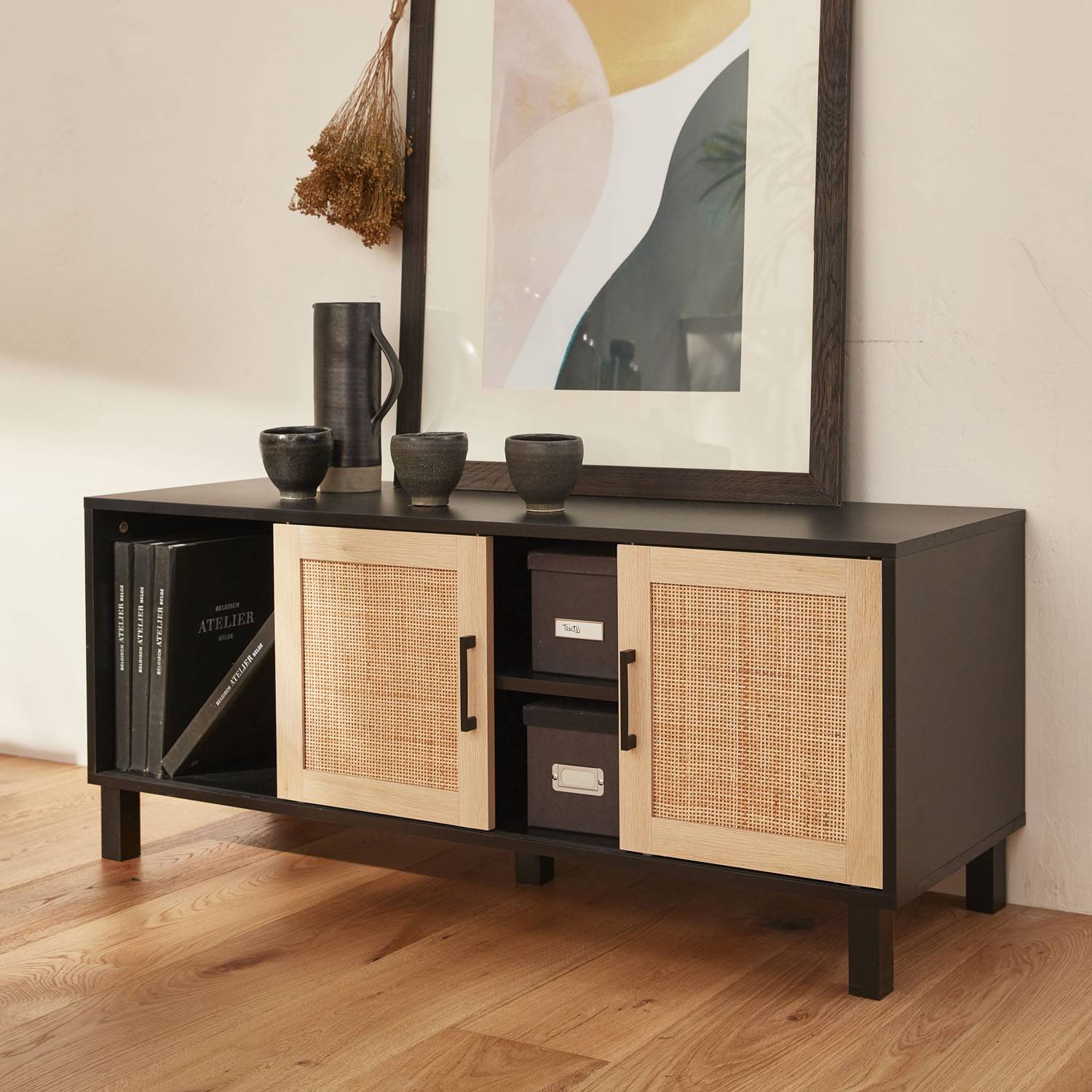 TV meubel met webbing en zwart houteffect, 115 x 40 x 48cm, 2 compartimenten met schuifdeurtjes Photo7