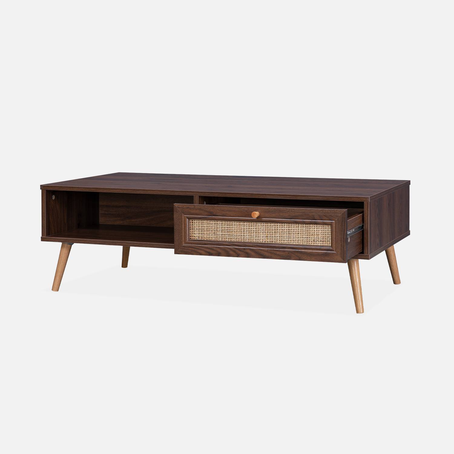 Table basse en cannage 110x59x39cm - Bohème - couleur bois foncé, 1 tiroir, 1 espace de rangement, pieds scandinaves Photo4