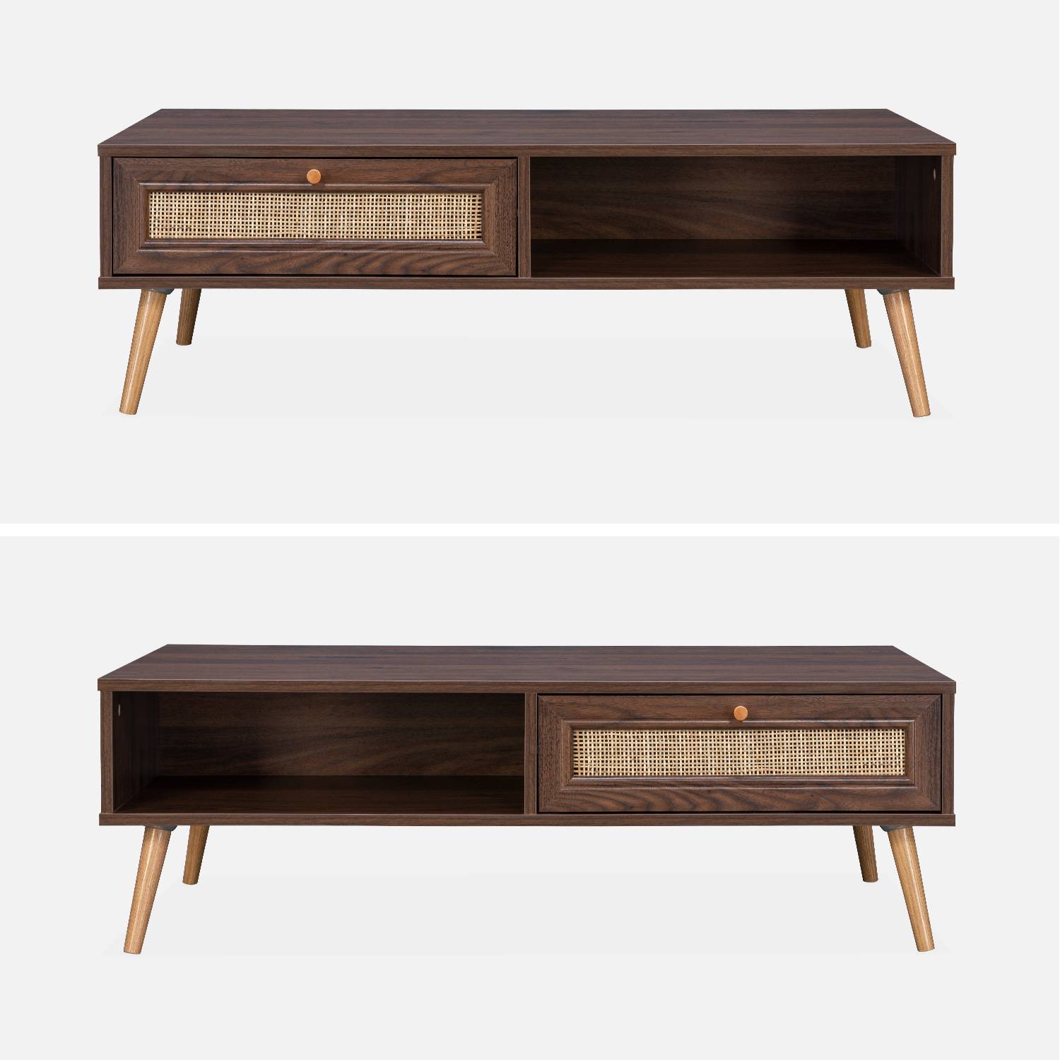 Table basse en cannage 110x59x39cm - Bohème - couleur bois foncé, 1 tiroir, 1 espace de rangement, pieds scandinaves Photo2