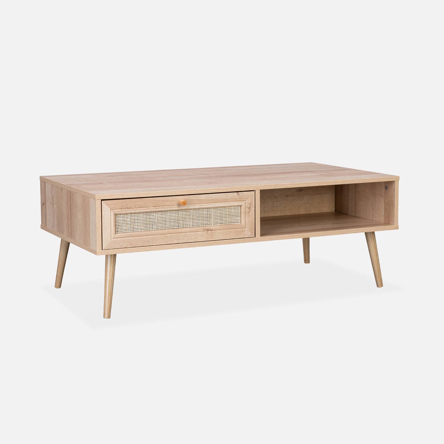 Table basse en cannage 110 x 59 x 39 cm - Bohème - Naturel, 1 tiroir, 1 espace de rangement, pieds scandinaves Photo2