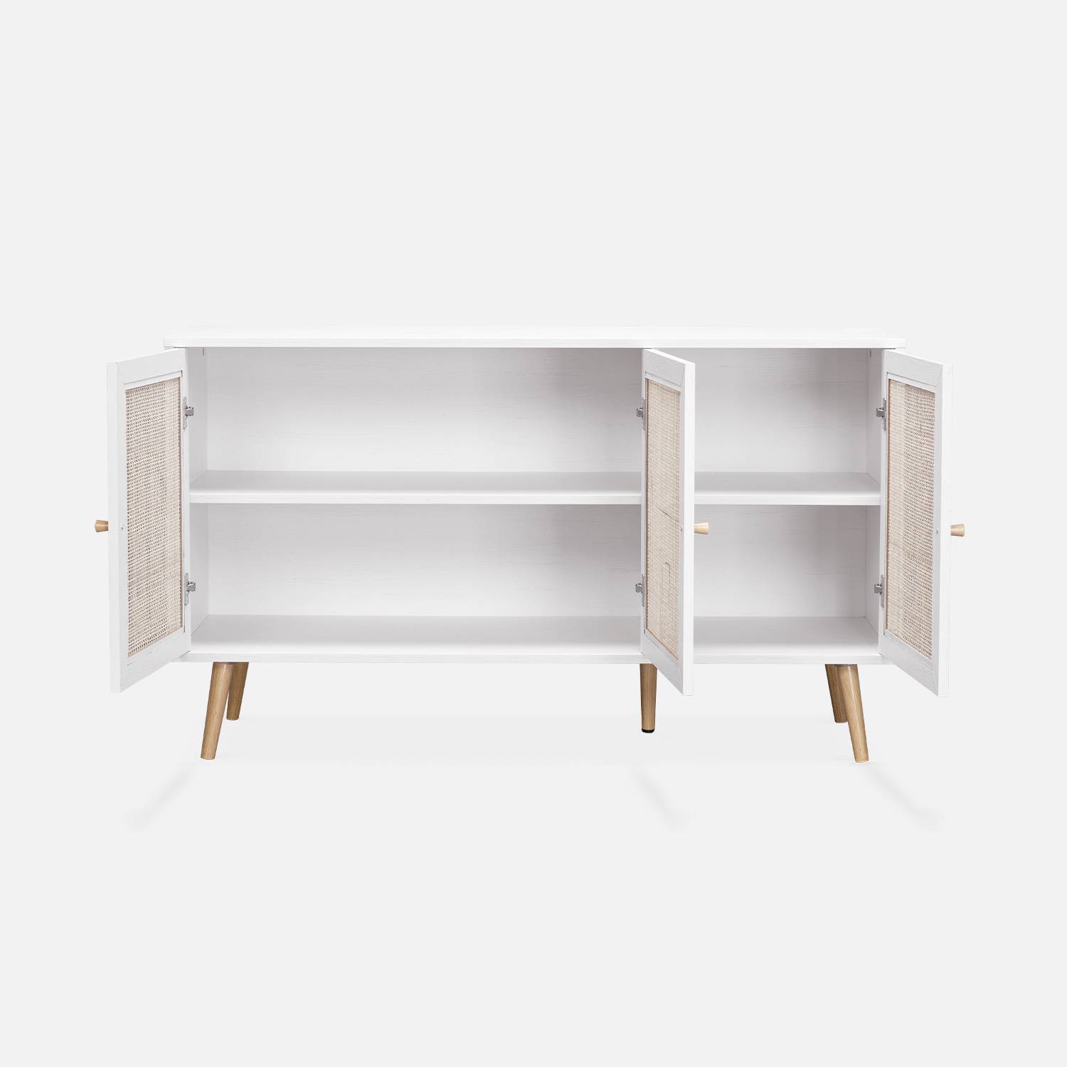 Sideboard aus Rohrgeflecht, weiß 120x39x70cm - Bohème - 2 Ebenen, 3 Türen, skandinavischer Stil Photo4