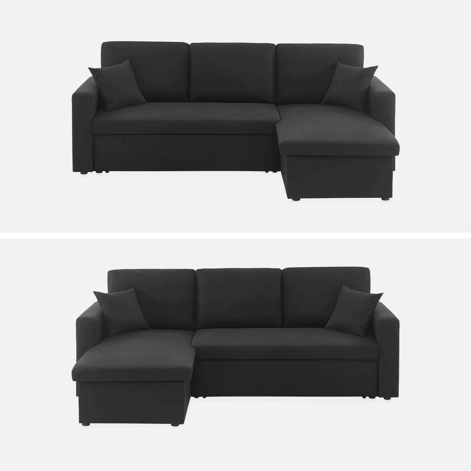 Canapé d'angle convertible en tissu noir - IDA - 3 places, fauteuil d'angle réversible coffre rangement lit modulable  Photo6