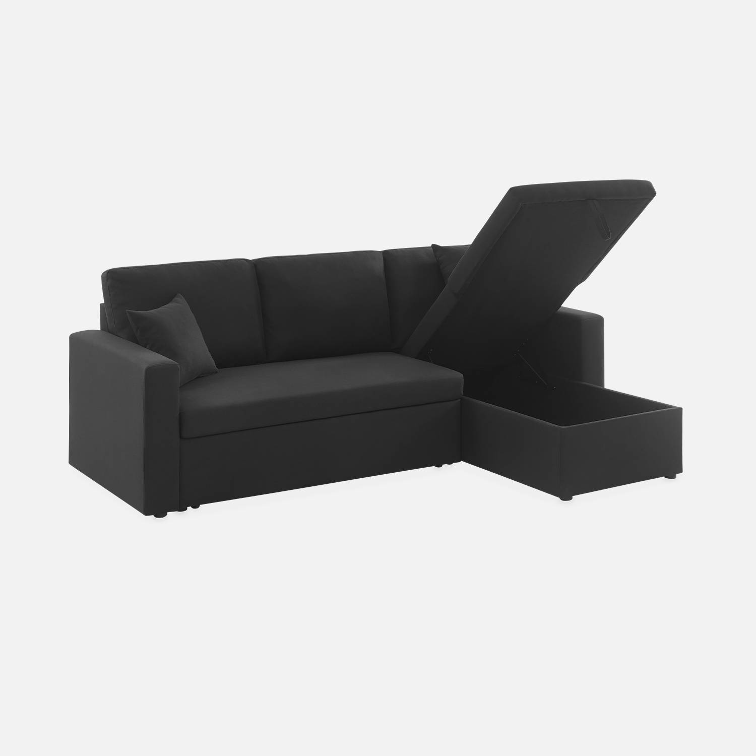 Canapé d'angle convertible en tissu noir - IDA - 3 places, fauteuil d'angle réversible coffre rangement lit modulable  Photo4