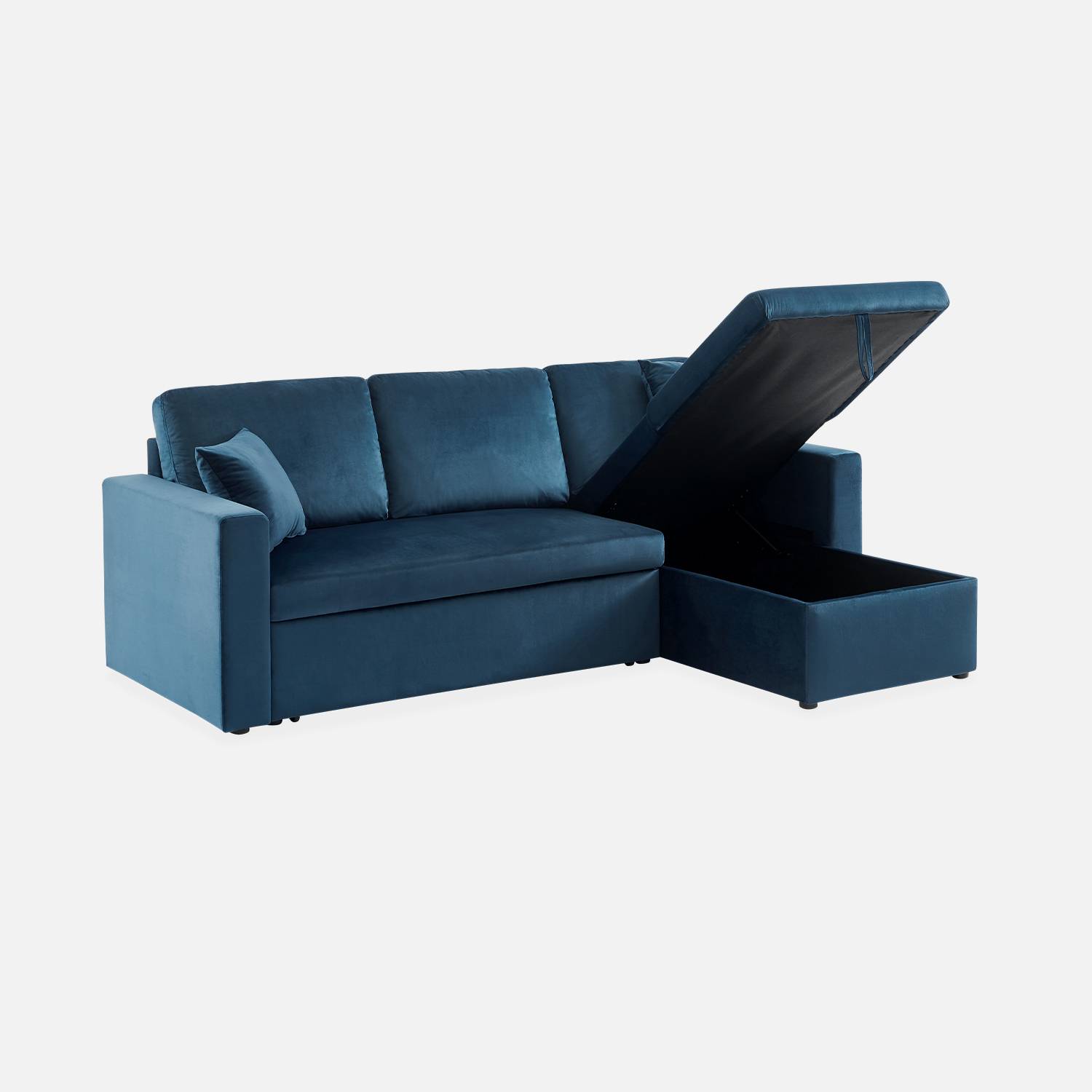 Canapé d'angle convertible en velours bleu pétrole 3 places, fauteuil d'angle réversible coffre rangement lit modulable  Photo6