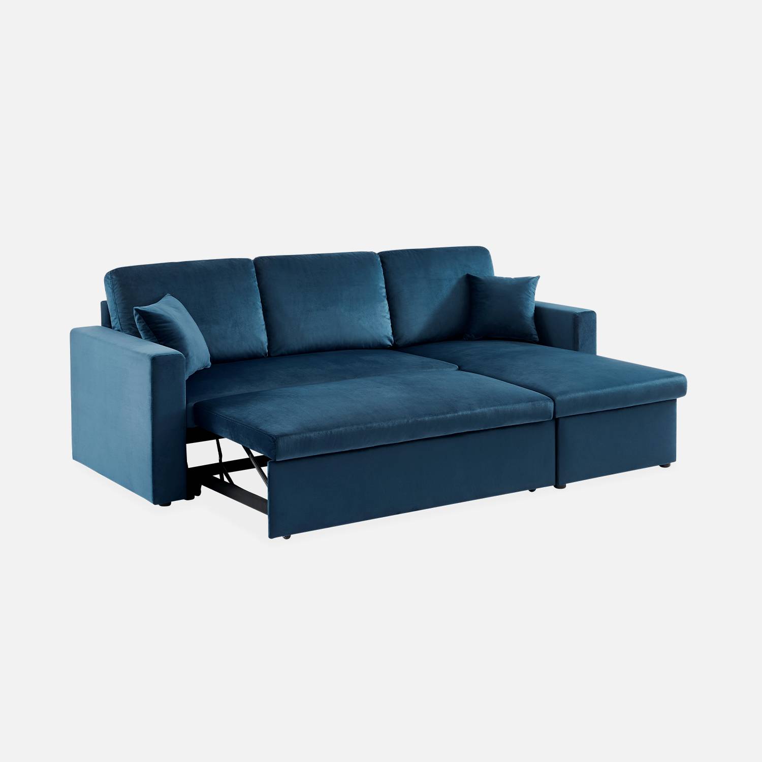 Canapé d'angle convertible en velours bleu pétrole 3 places, fauteuil d'angle réversible coffre rangement lit modulable  Photo8