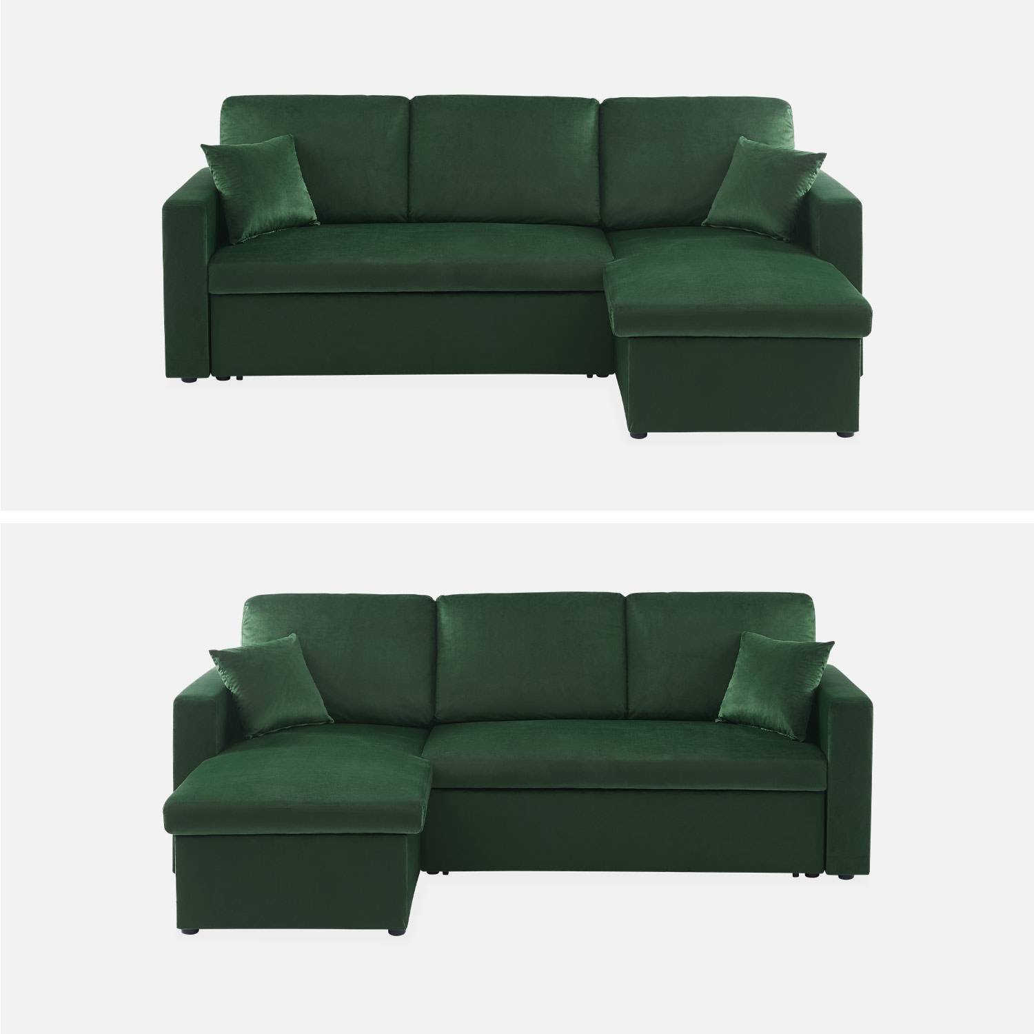 Canapé d'angle convertible en velours vert anglais 3 places, fauteuil d'angle réversible coffre rangement lit modulable  Photo8