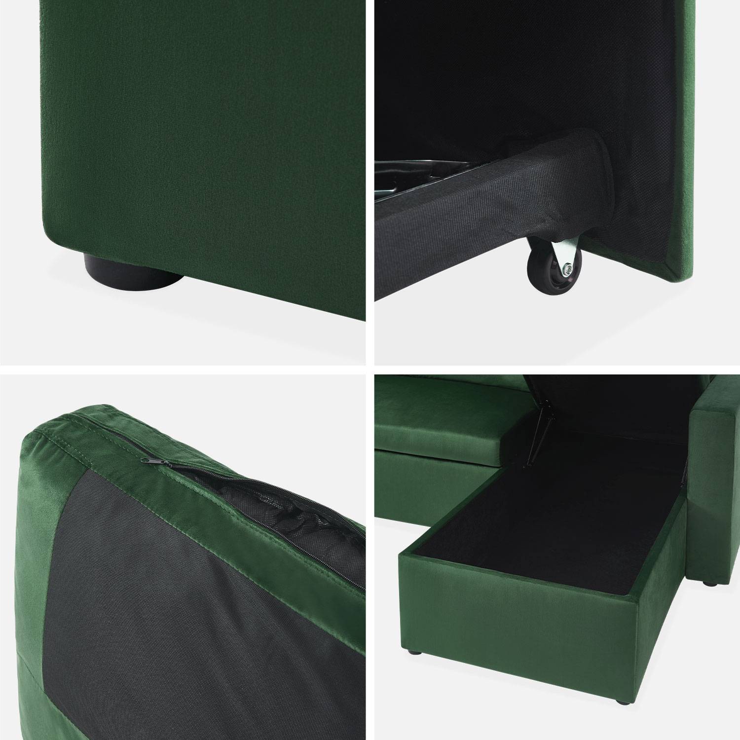 Canapé d'angle convertible en velours vert anglais 3 places, fauteuil d'angle réversible coffre rangement lit modulable  Photo9