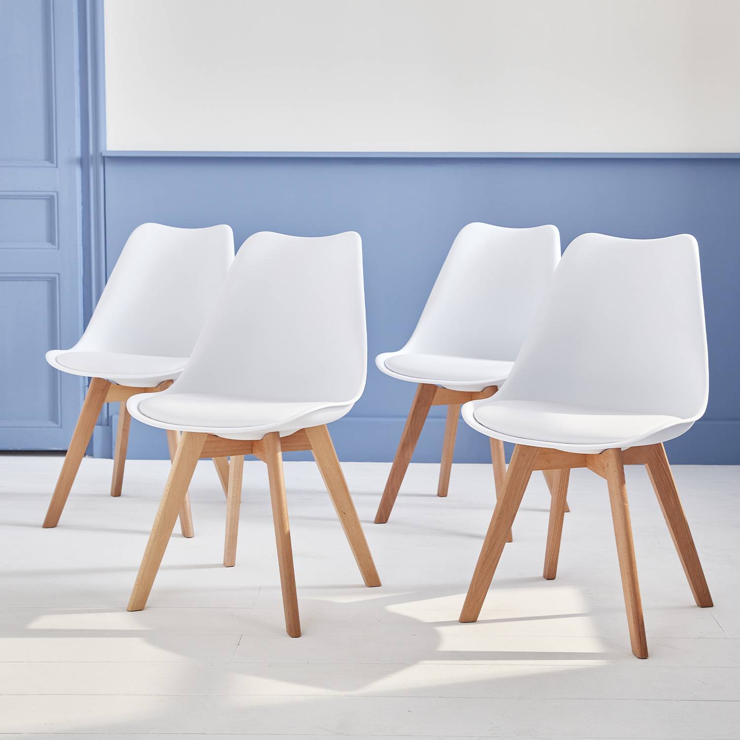Lot de 4 chaises scandinaves, pieds bois de hêtre, fauteuils 1 place, blancs Photo10