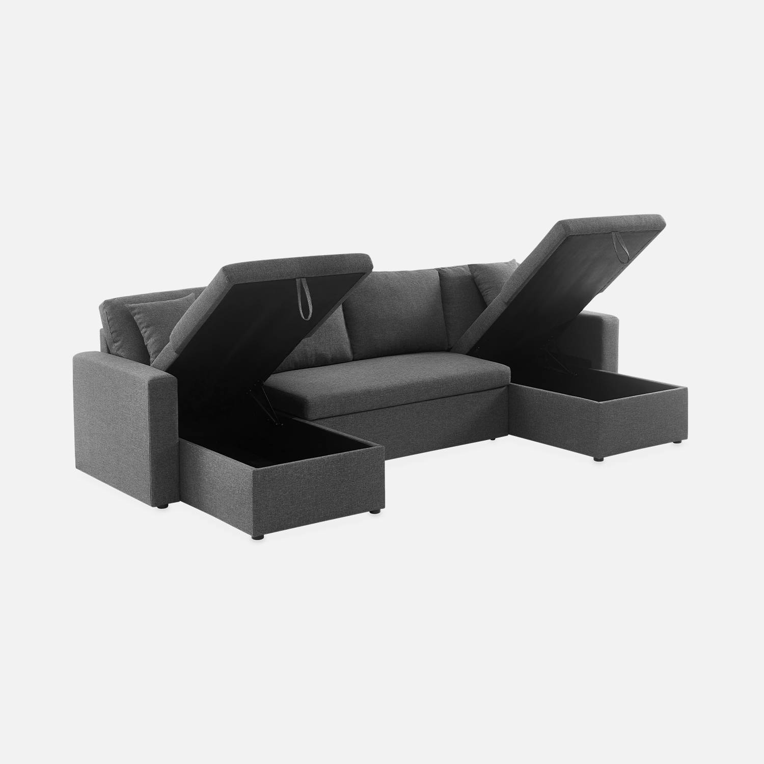 Canapé panoramique convertible en tissu gris foncé, 4 places, coffre rangement, lit modulable  Photo7