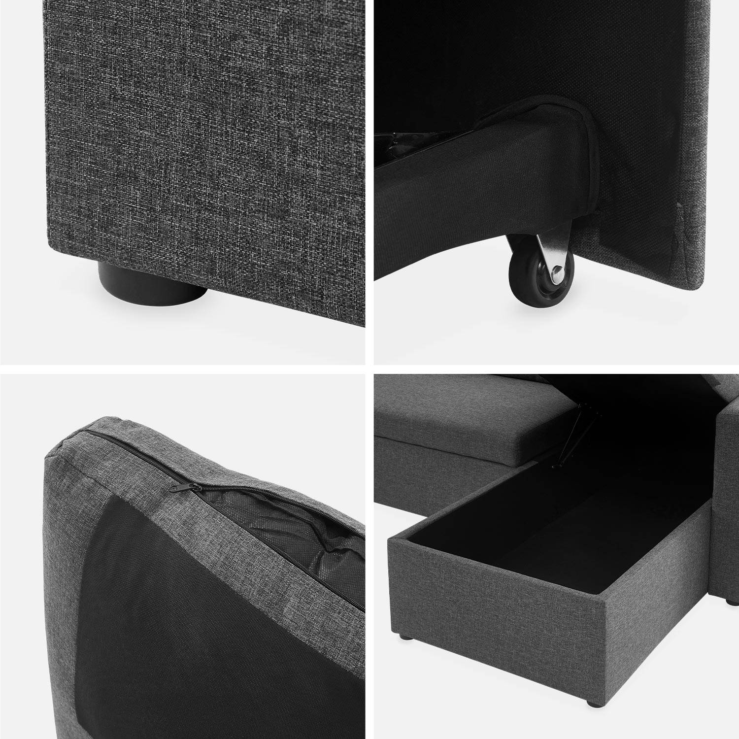 Canapé panoramique convertible en tissu gris foncé, 4 places, coffre rangement, lit modulable  Photo10