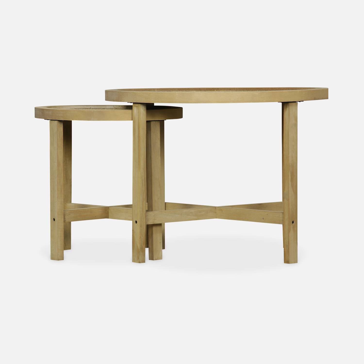 Lot de 2 tables gigognes rondes piétement bois de sapin et effet cannage - Olivia - encastrables, Ø60 x H 45cm / Ø40 x H 40cm Photo4