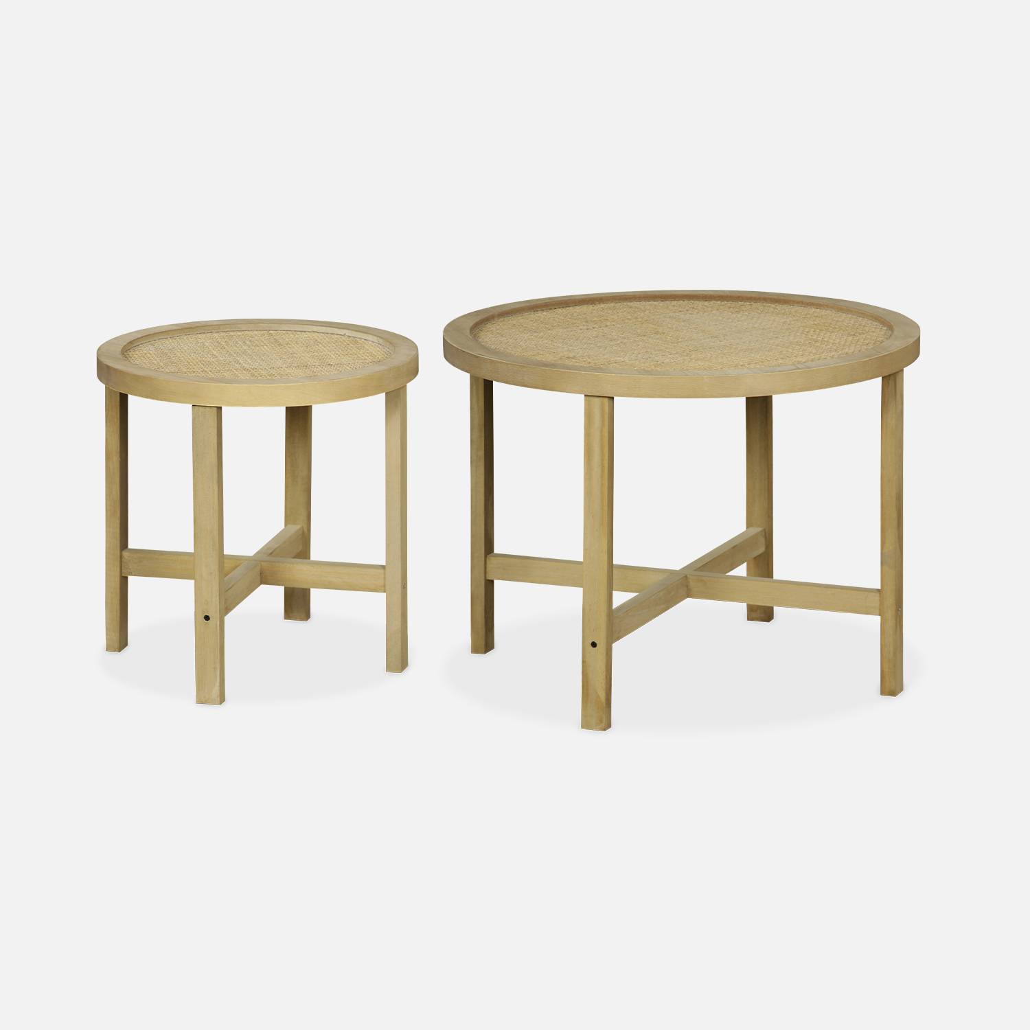 Lot de 2 tables gigognes rondes piétement bois de sapin et effet cannage - Olivia - encastrables, Ø60 x H 45cm / Ø40 x H 40cm Photo5