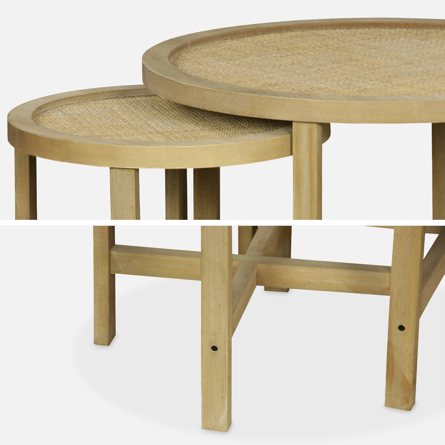 Lot de 2 tables gigognes rondes piétement bois de sapin et effet cannage - Olivia - encastrables, Ø60 x H 45cm / Ø40 x H 40cm Photo7