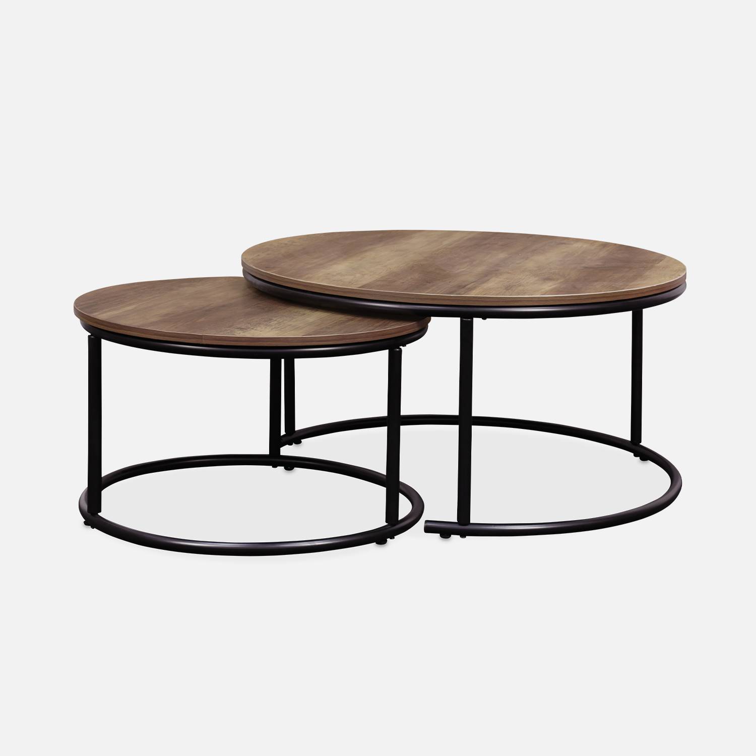 Set 2 ronde inschuifbare lage tafels van zwart metaal en een blad met houtlook, 1x Ø77xh40cm / x1 Ø57xh35cm Photo4