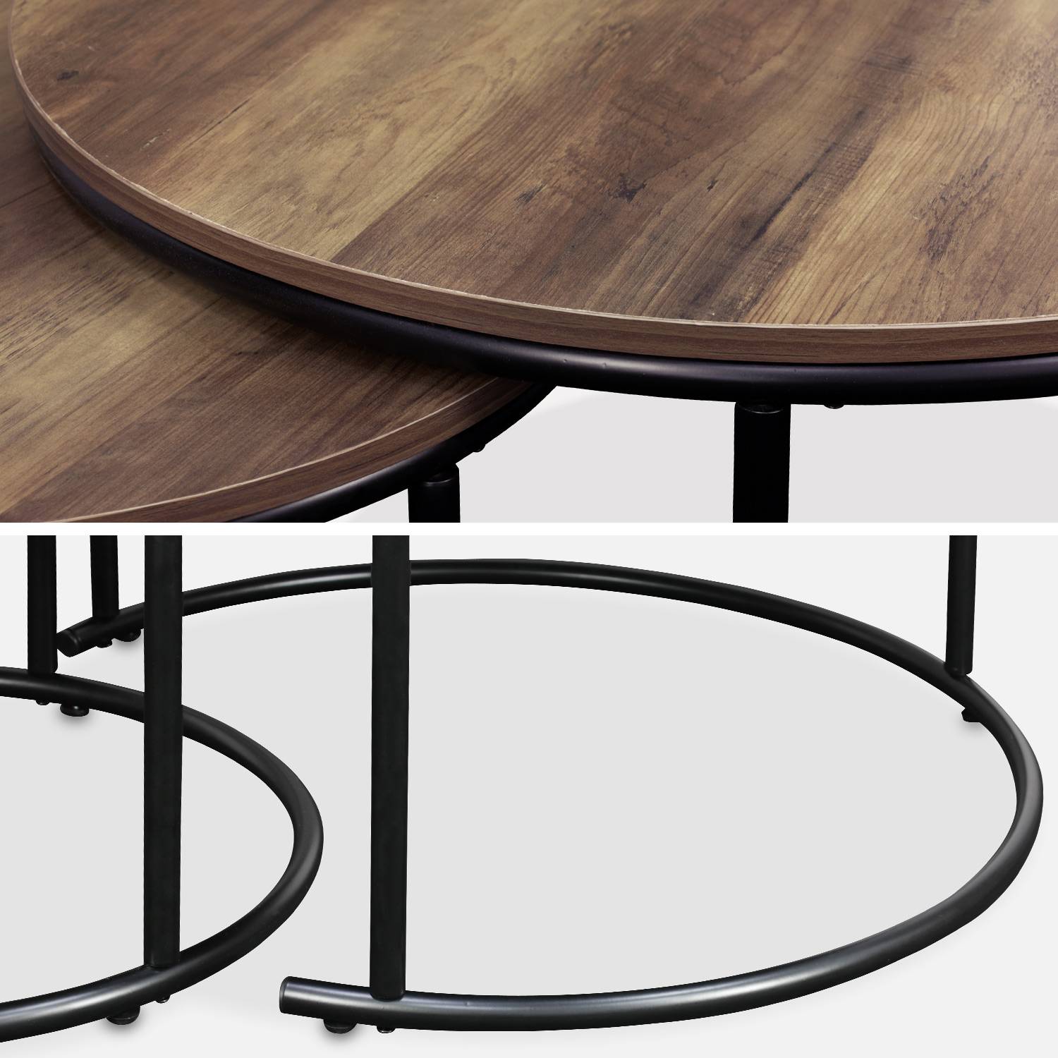 Set 2 ronde inschuifbare lage tafels van zwart metaal en een blad met houtlook, 1x Ø77xh40cm / x1 Ø57xh35cm Photo7