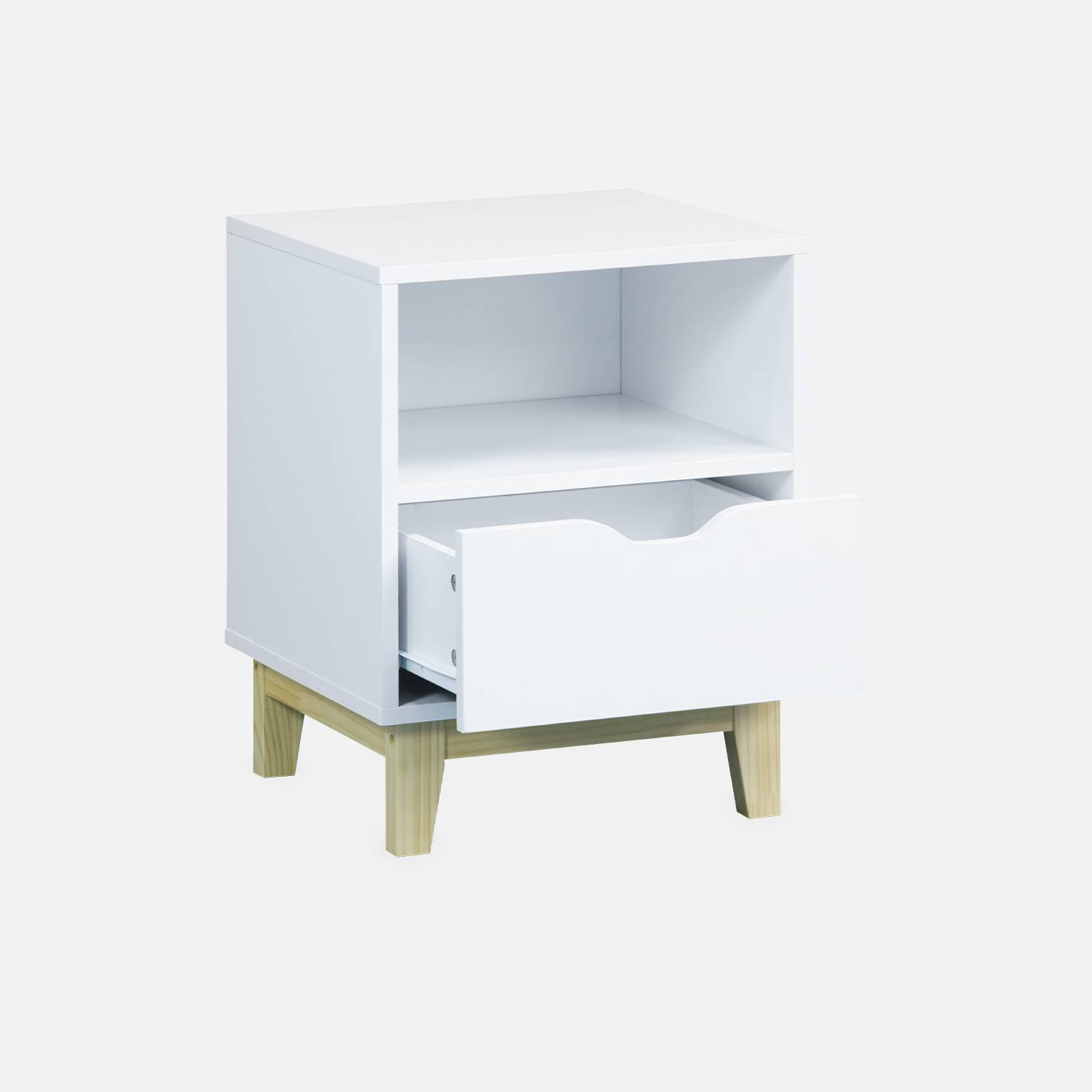 Lot 2 de tables de chevet blanches avec pieds en bois de sapin - Floki - 40 x 39 x 52cm - 1 tiroir et 1 niche  Photo6
