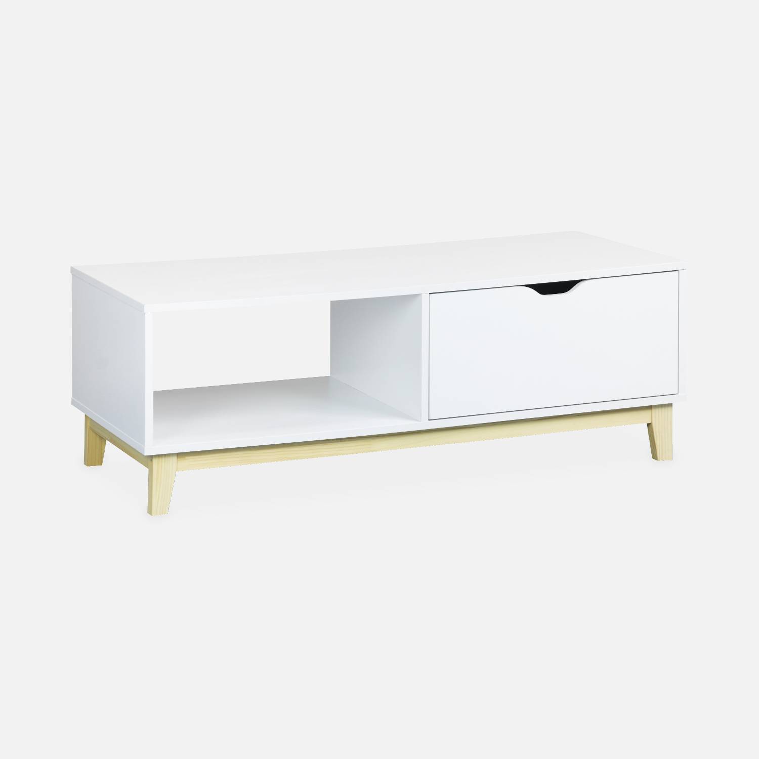 Table basse scandinave blanche - Floki - avec 1 tiroir, pieds en bois de sapin, 110x50x40cm Photo3