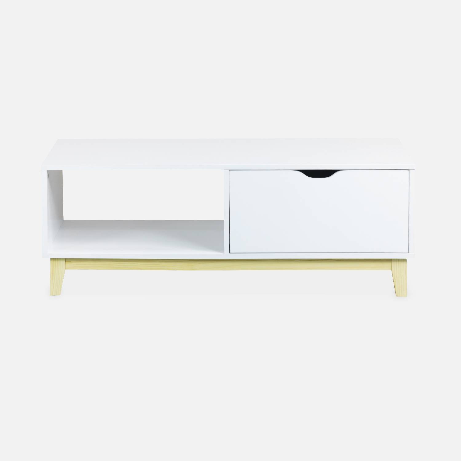 Table basse scandinave blanche - Floki - avec 1 tiroir, pieds en bois de sapin, 110x50x40cm Photo4