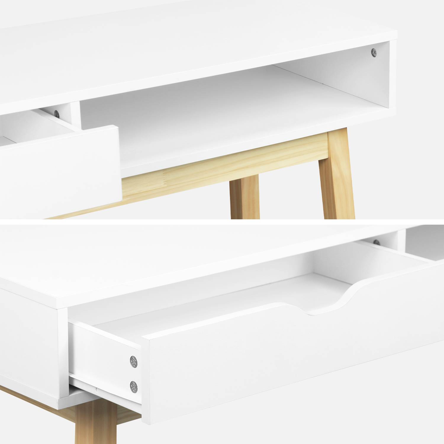 Console scandinave blanche - Floki - avec 1 tiroir et 1 niche, pieds évasé en bois de sapin, 119x37x74.5cm Photo6