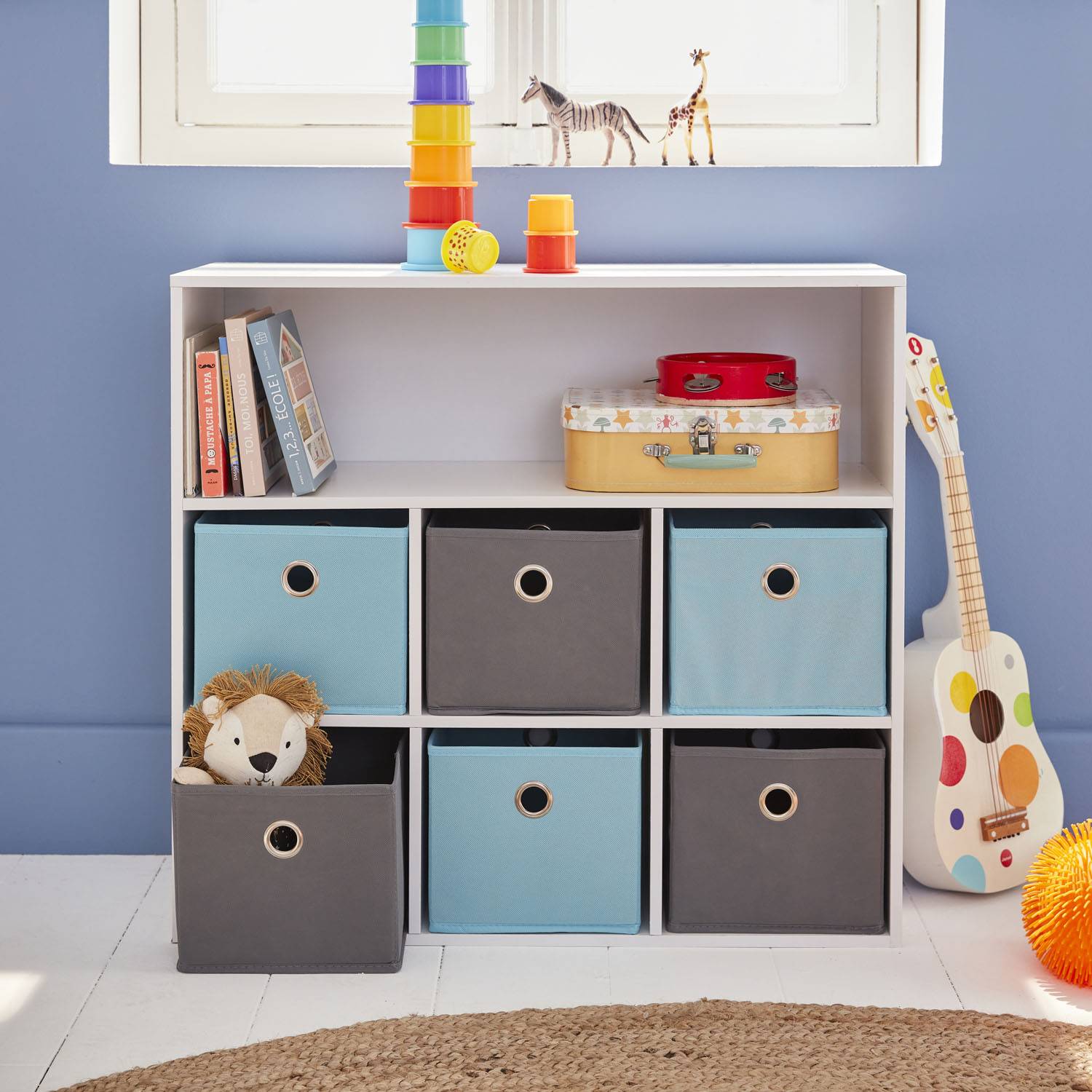 Opbergkast voor kinderen, wit, met 7 compartimenten en 6 grijze en blauwe manden Photo9