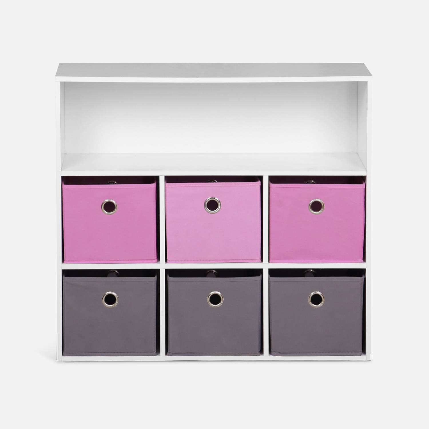 Opbergkast voor kinderen, wit, met 7 compartimenten en 6 grijze en roze manden Photo4