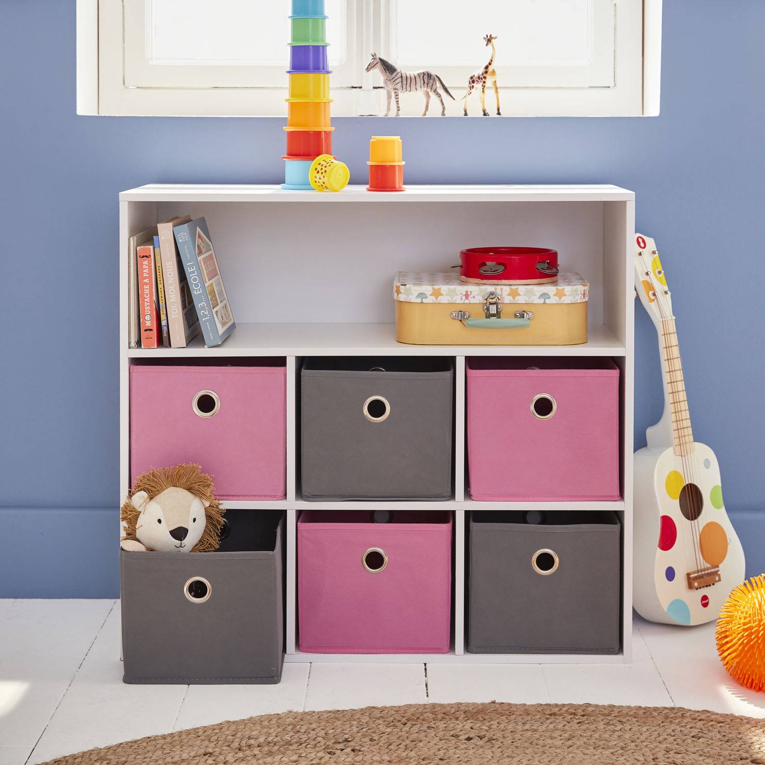 Opbergkast voor kinderen, wit, met 7 compartimenten en 6 grijze en roze manden Photo9
