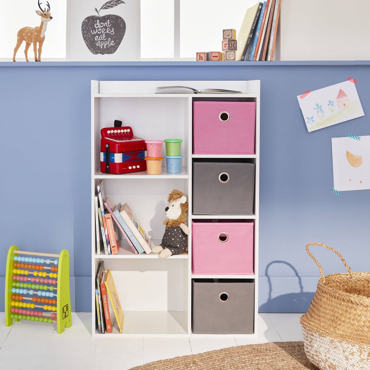Opbergkast voor kinderen, wit, met 7 compartimenten en 4 grijze en roze manden Photo9
