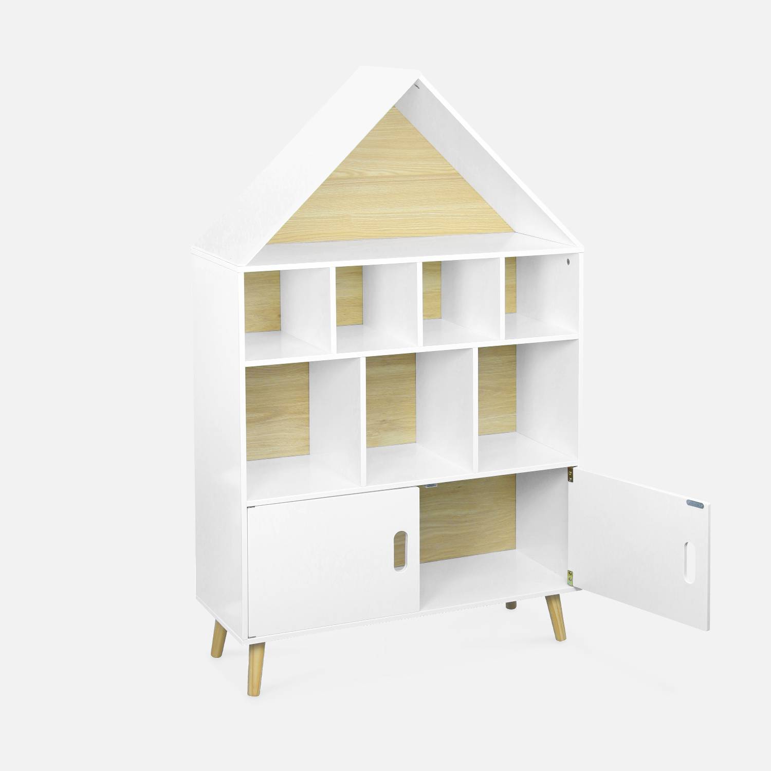 Estante de biblioteca para crianças - Tobias - Madeira de pinho natural branca maciça - 3 níveis, 8 compartimentos, 2 portas Photo5