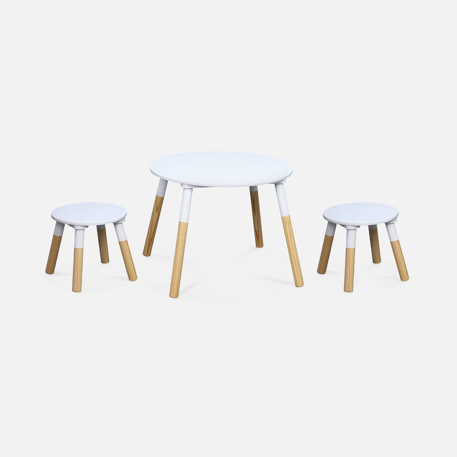 Conjunto de mesa e 2 baquetas infantil, em madeira masiça de pinos em cor natural com detalhes em branco, Ø55 x H43CM - TOBIAS Photo4