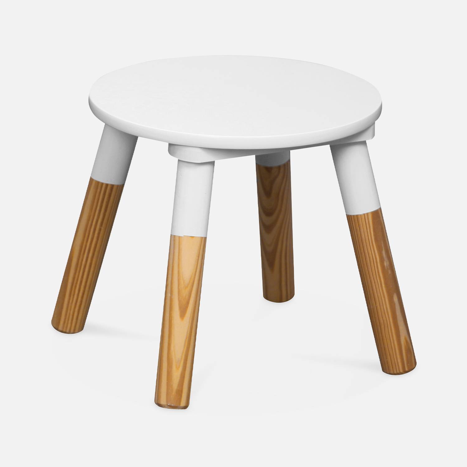 Conjunto de mesa e 2 baquetas infantil, em madeira masiça de pinos em cor natural com detalhes em branco, Ø55 x H43CM - TOBIAS Photo6