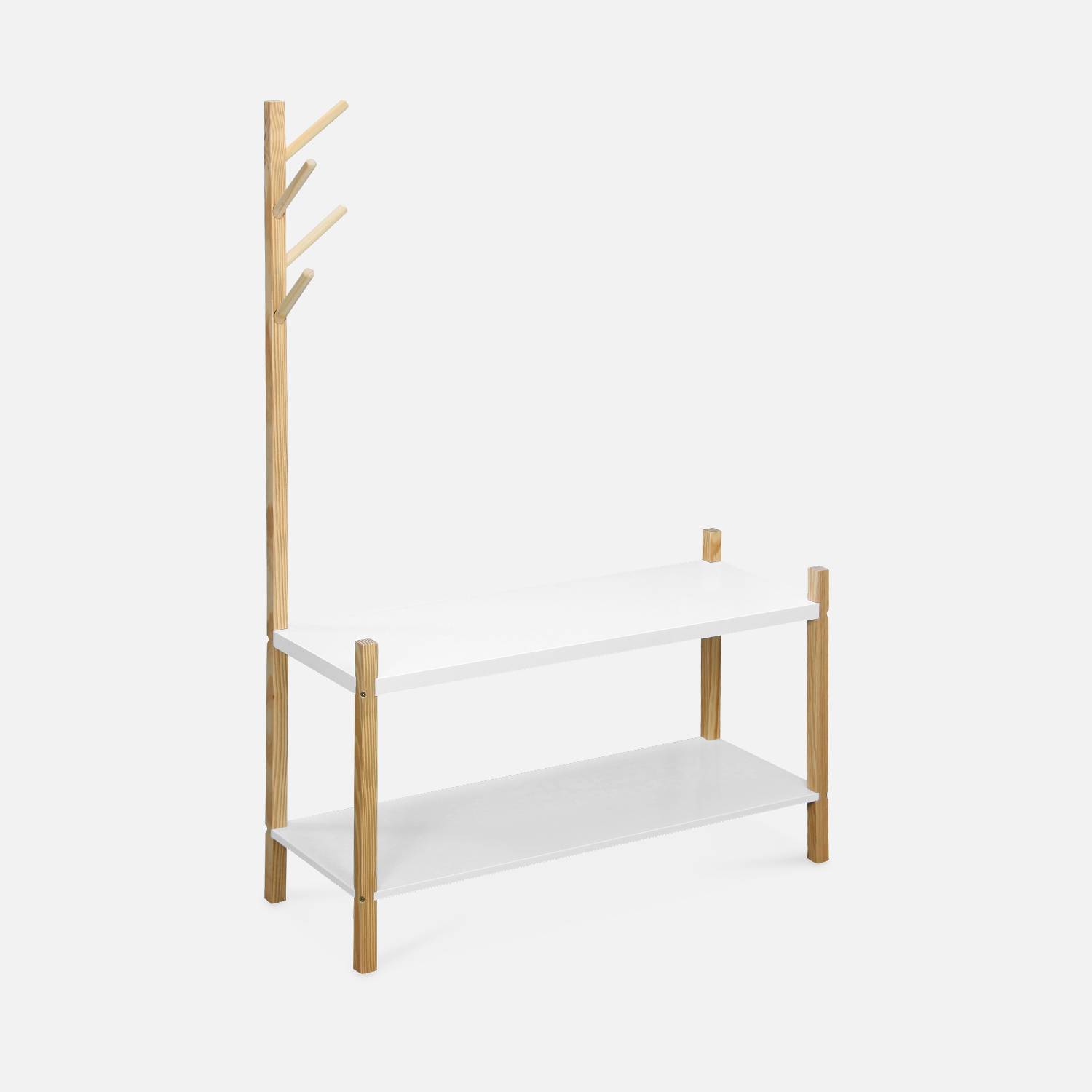 Mueble bajo para la habitación de los niños con 2 estantes y un perchero con 4 ganchos - TOBIAS - madera maciza de pino blanco natural - 80x30x120cm Photo6