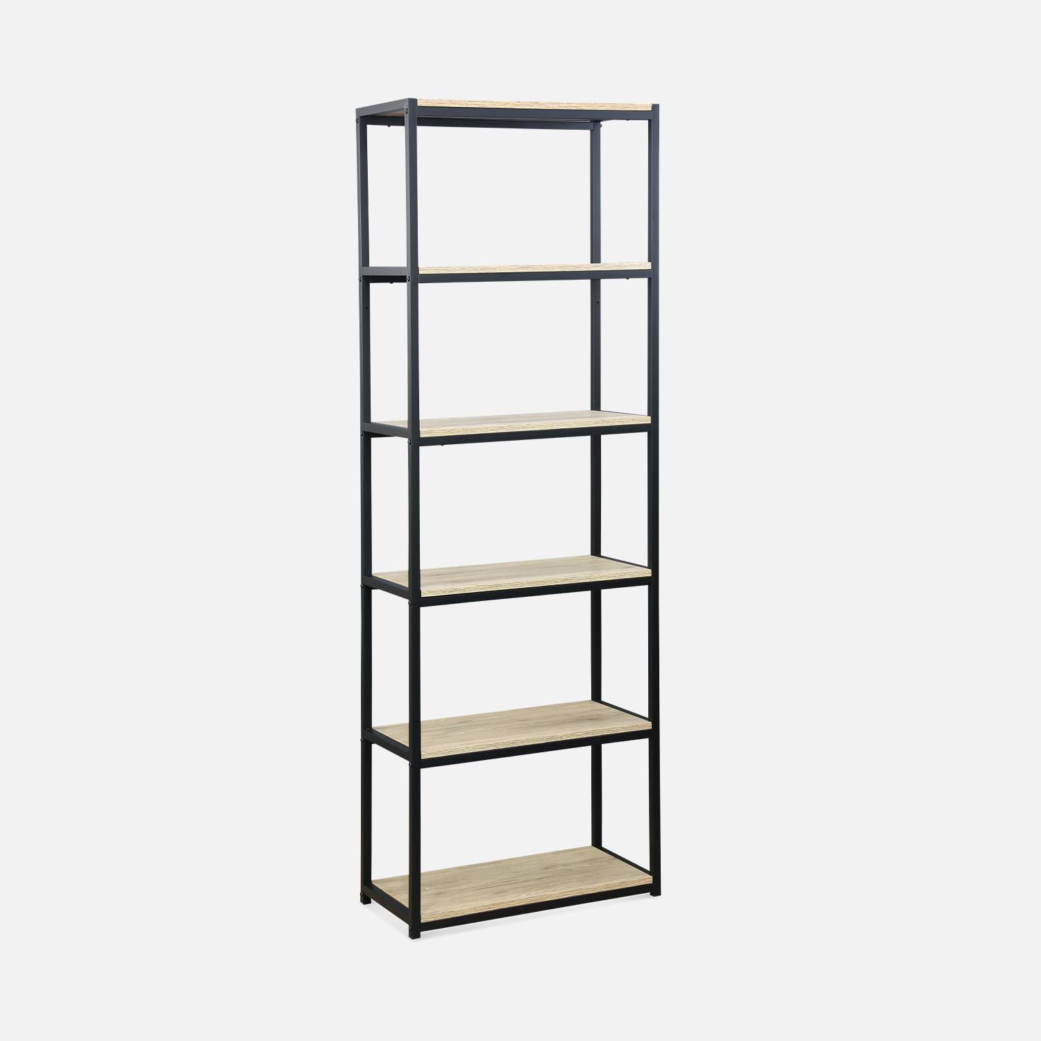 Schwarzes Metallregal mit Ablagen in Holzdesign - Loft - Bücherregal auf 6 Ebenen, 60x30x180cm Photo3