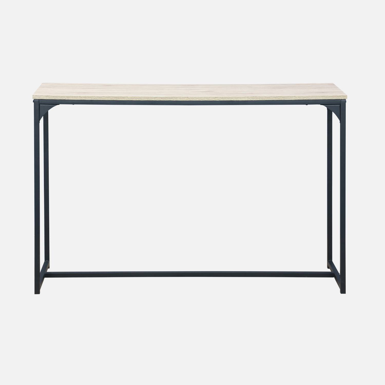 Sidetable van zwart metaal en tafelblad met houtlook, 120x39x79cm, bijzettafel met 1 verstevigingsbalk  Photo4