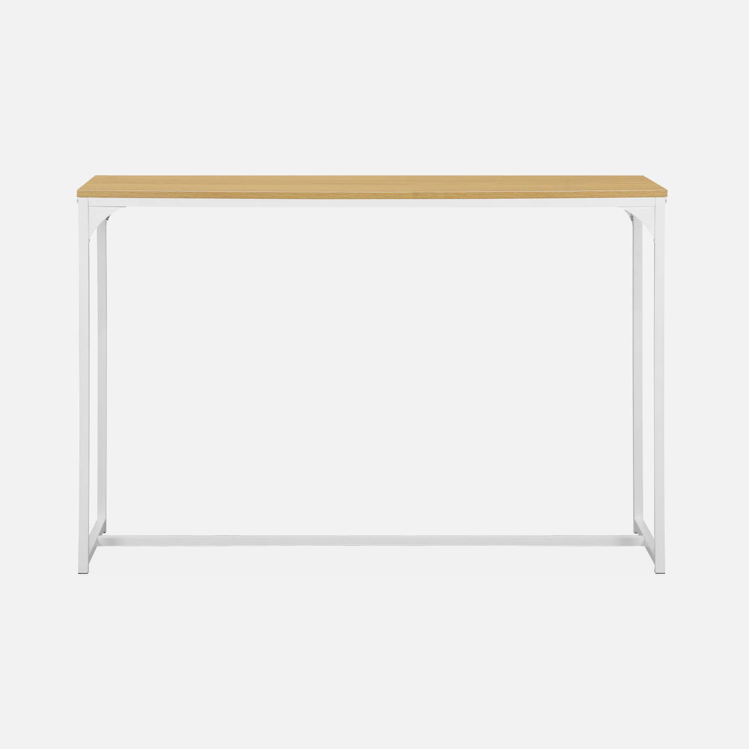 Sidetable van wit metaal en tafelblad met houtlook, 120x39x79cm, bijzettafel met 1 verstevigingsbalk  Photo3